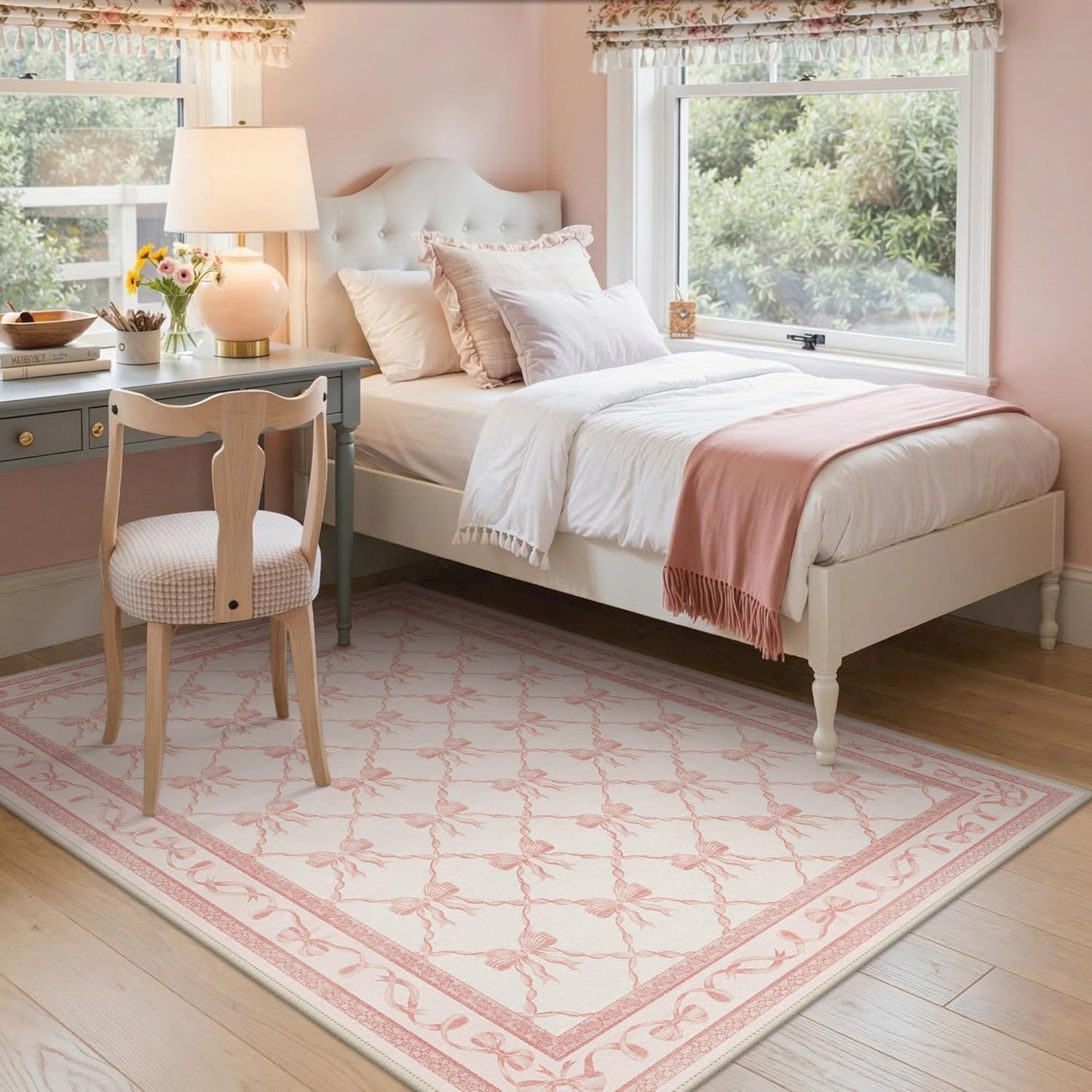image:imageGENIMO Area Rugs 6X9 for Living Room Bedroom Machine Washable Non Slip Flower Bow Rug Low Pile Soft Cute Floral Rug for Dining Room Girls Room Nursery Room and Playroom Pink BowPink Bow