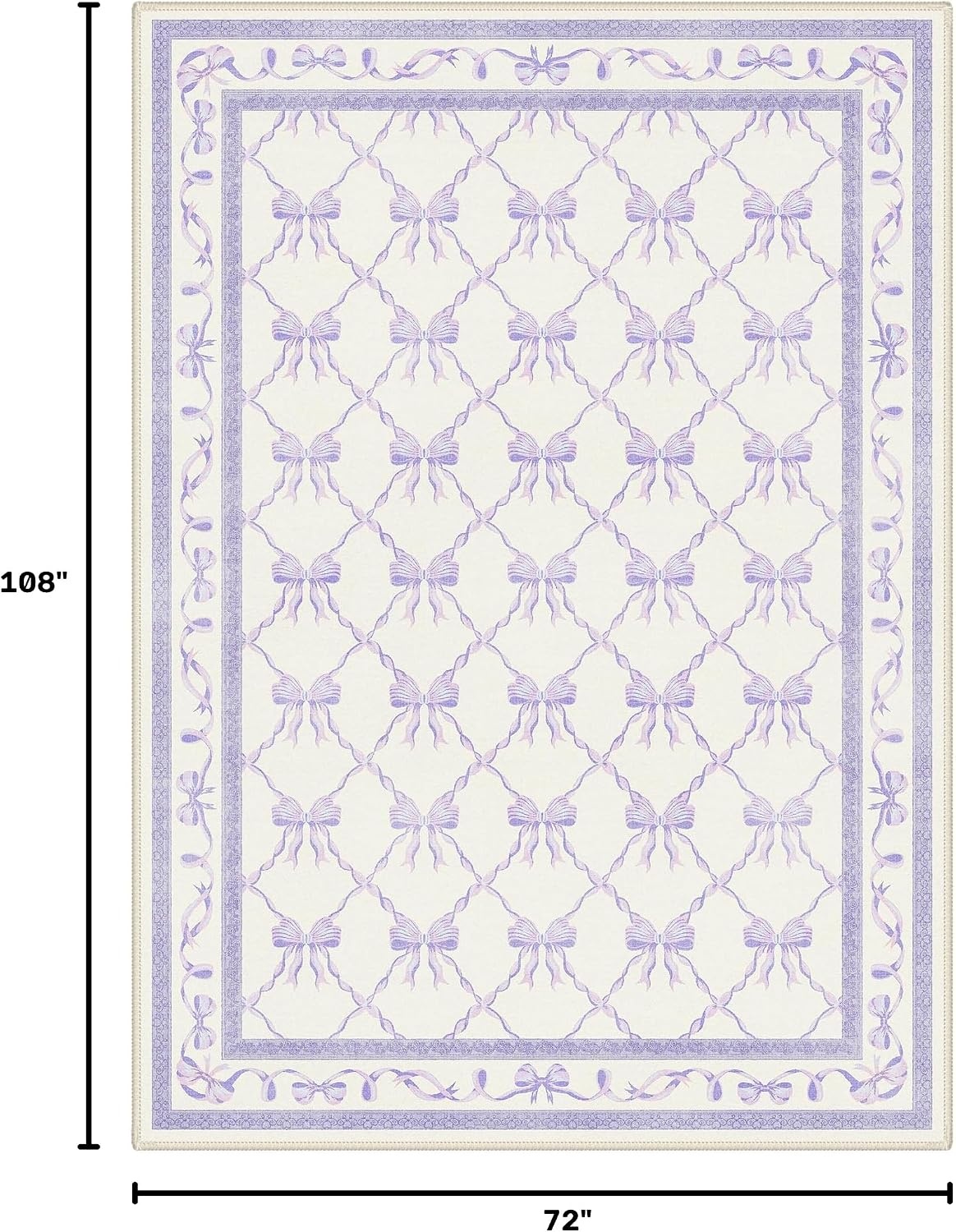 image:imageGENIMO Area Rugs 6X9 for Living Room Bedroom Machine Washable Non Slip Flower Bow Rug Low Pile Soft Cute Floral Rug for Dining Room Girls Room Nursery Room and Playroom Pink BowPurple Bow
