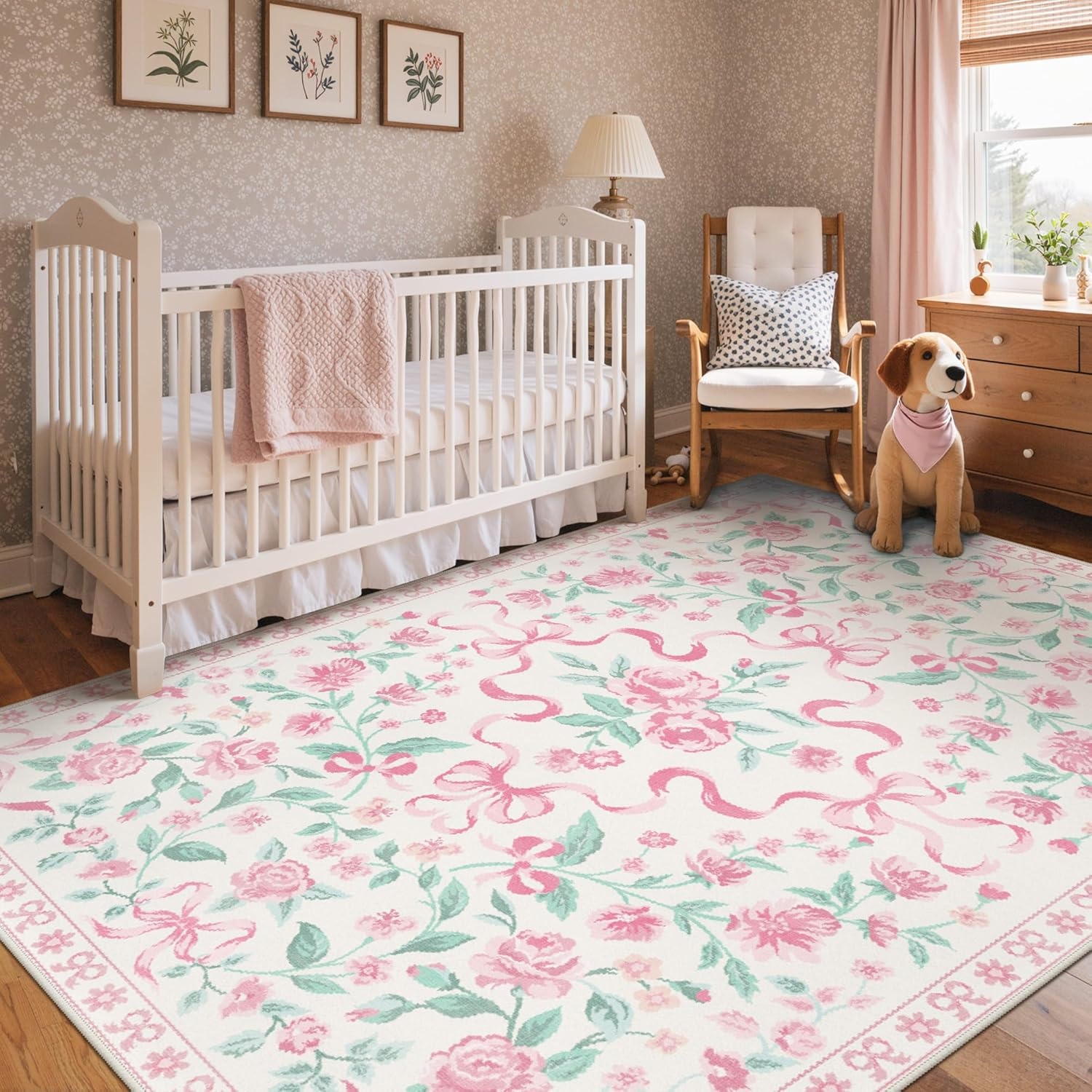 image:imageGENIMO Area Rugs 6X9 for Living Room Bedroom Machine Washable Non Slip Flower Bow Rug Low Pile Soft Cute Floral Rug for Dining Room Girls Room Nursery Room and Playroom Pink BowPink Floral Bow