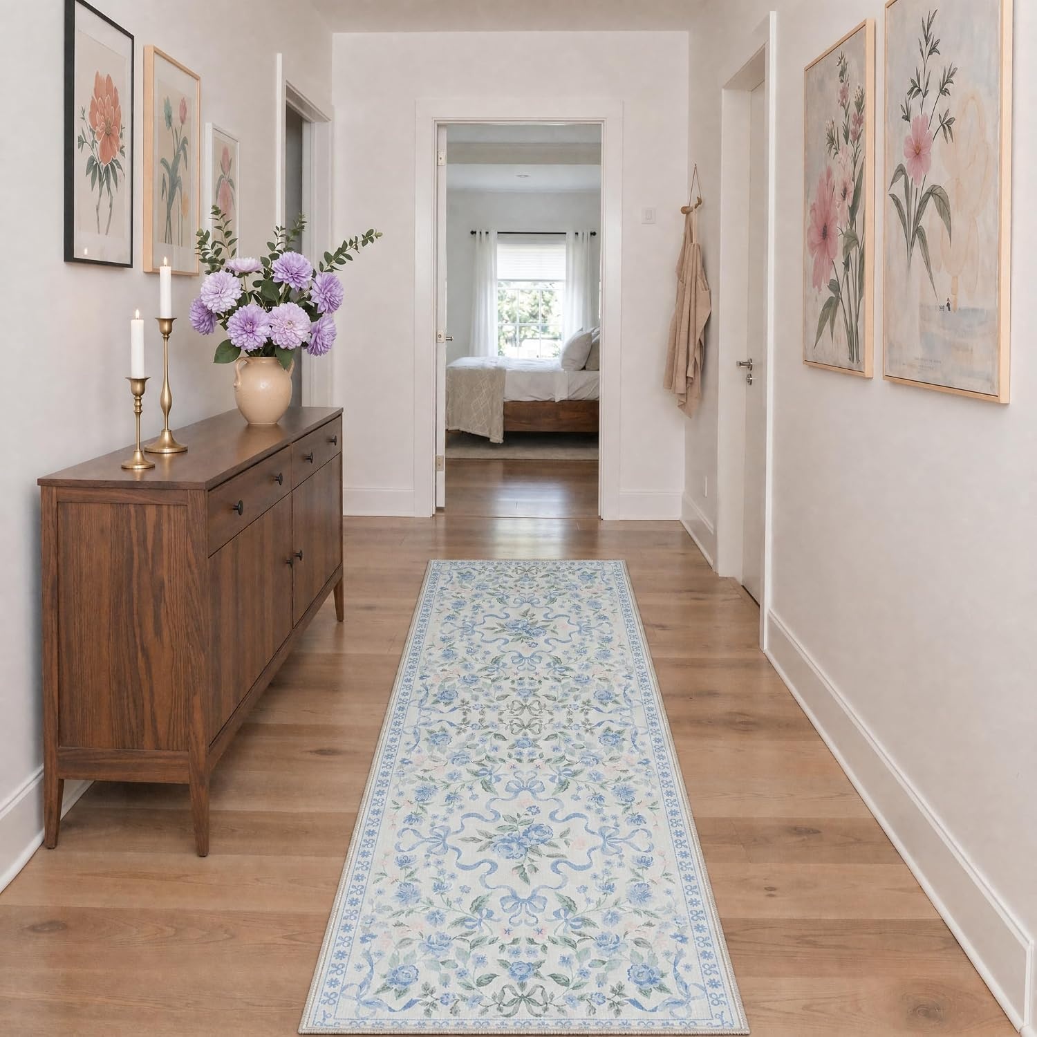 image:imageGENIMO Area Rugs 6X9 for Living Room Bedroom Machine Washable Non Slip Flower Bow Rug Low Pile Soft Cute Floral Rug for Dining Room Girls Room Nursery Room and Playroom Pink BowBlue Floral Bow