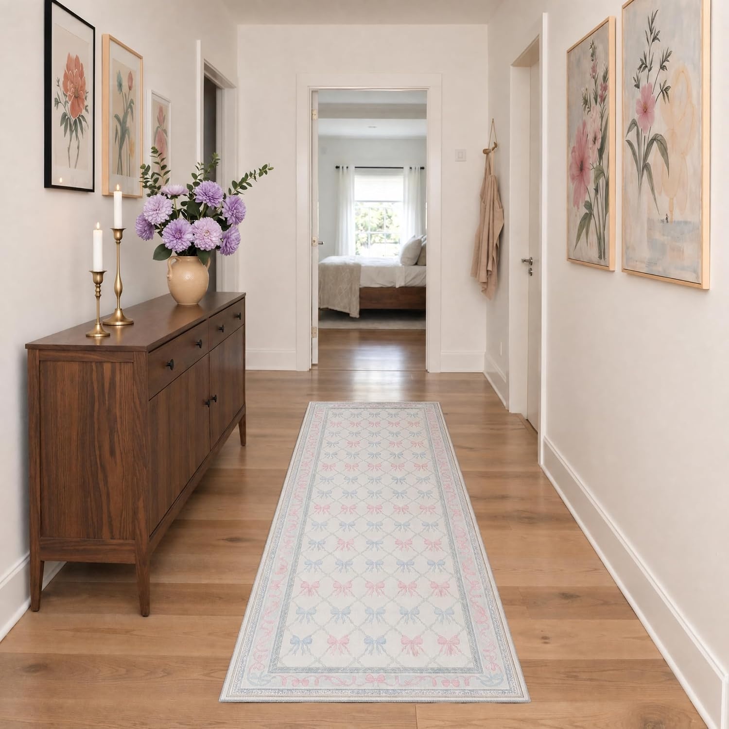 image:imageGENIMO Area Rugs 6X9 for Living Room Bedroom Machine Washable Non Slip Flower Bow Rug Low Pile Soft Cute Floral Rug for Dining Room Girls Room Nursery Room and Playroom Pink BowPurple Floral Bow