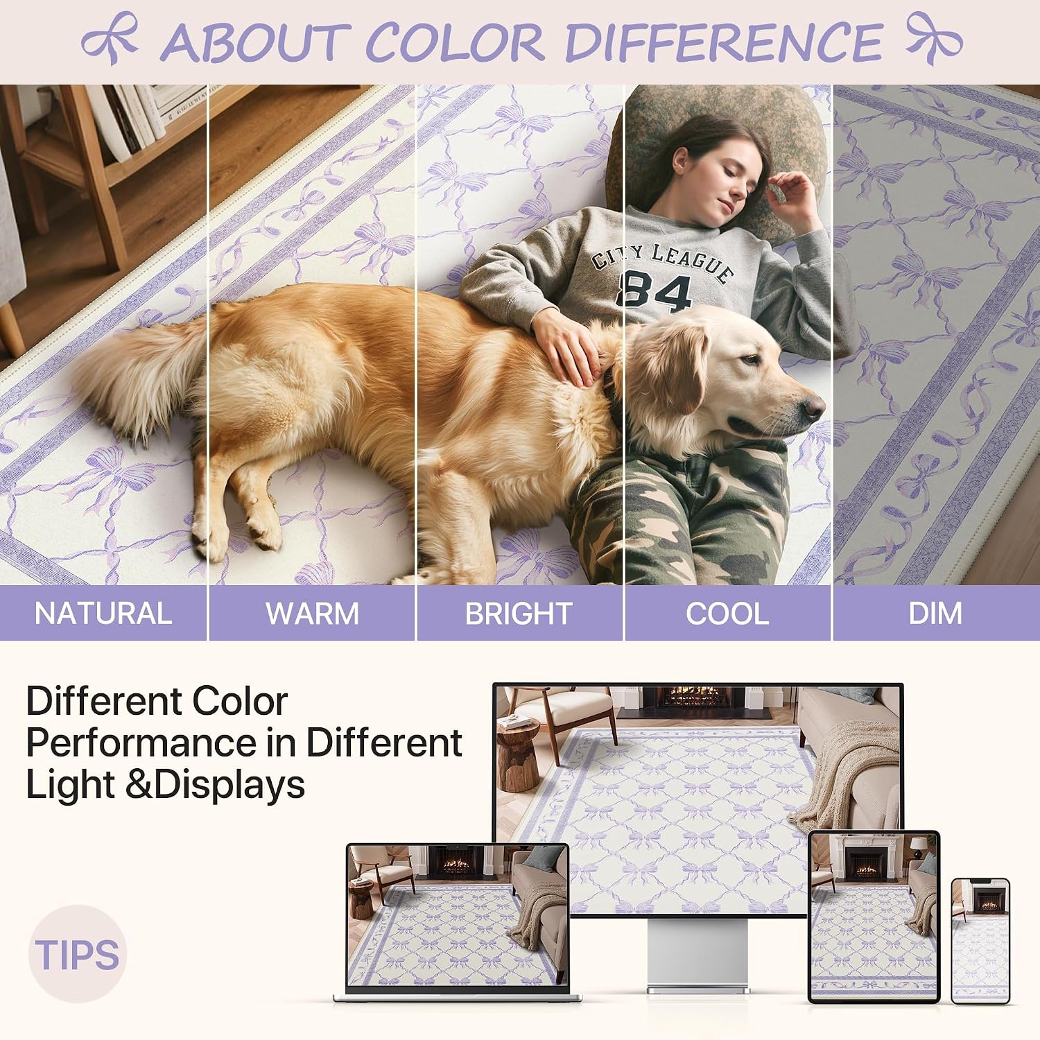 image:imageGENIMO Area Rugs 6X9 for Living Room Bedroom Machine Washable Non Slip Flower Bow Rug Low Pile Soft Cute Floral Rug for Dining Room Girls Room Nursery Room and Playroom Pink BowPurple Bow