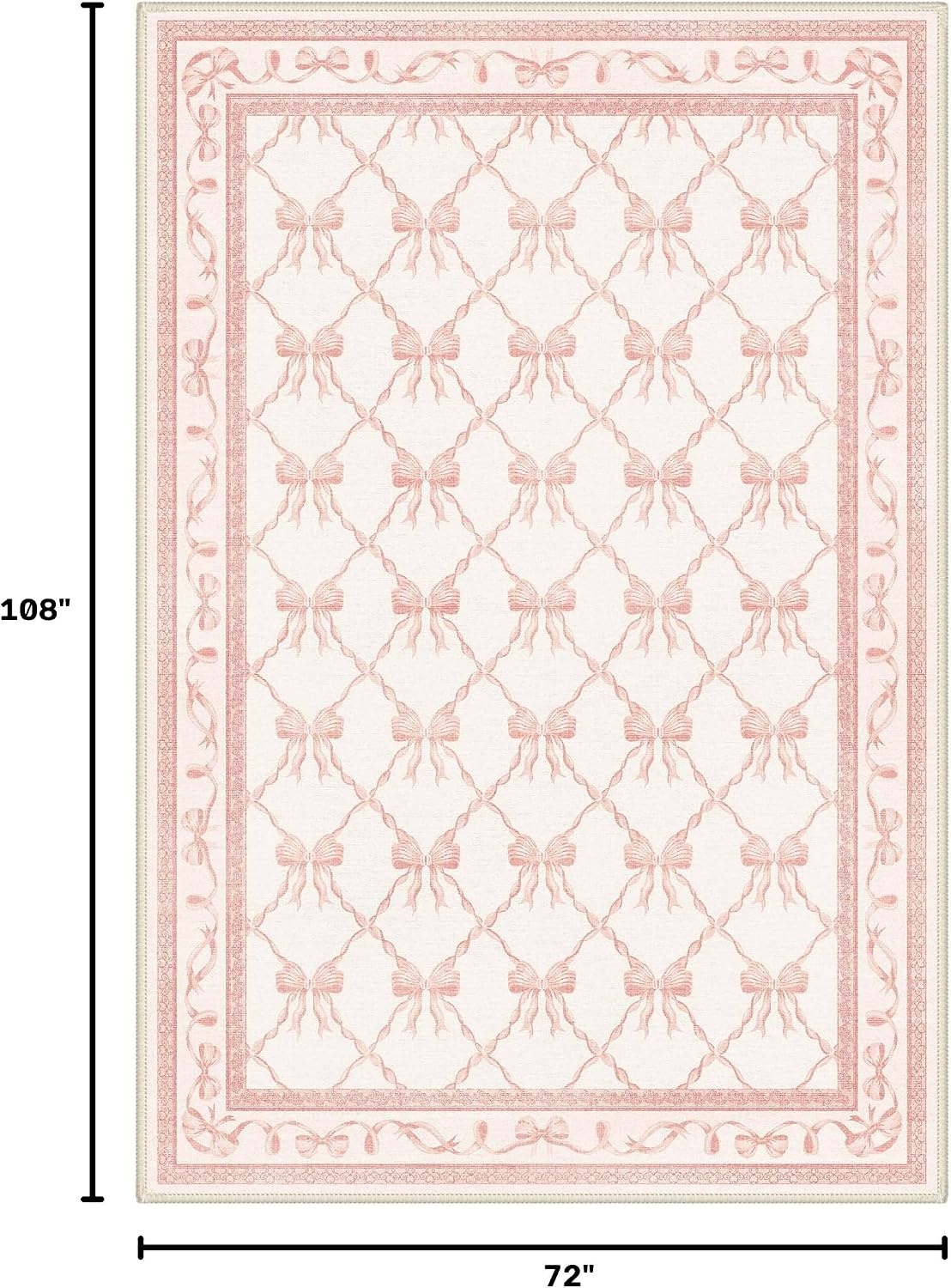 image:imageGENIMO Area Rugs 6X9 for Living Room Bedroom Machine Washable Non Slip Flower Bow Rug Low Pile Soft Cute Floral Rug for Dining Room Girls Room Nursery Room and Playroom Pink BowPink Bow
