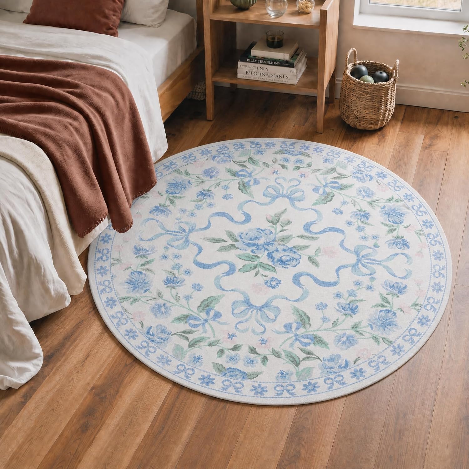 image:imageGENIMO Area Rugs 6X9 for Living Room Bedroom Machine Washable Non Slip Flower Bow Rug Low Pile Soft Cute Floral Rug for Dining Room Girls Room Nursery Room and Playroom Pink BowBlue Floral Bow