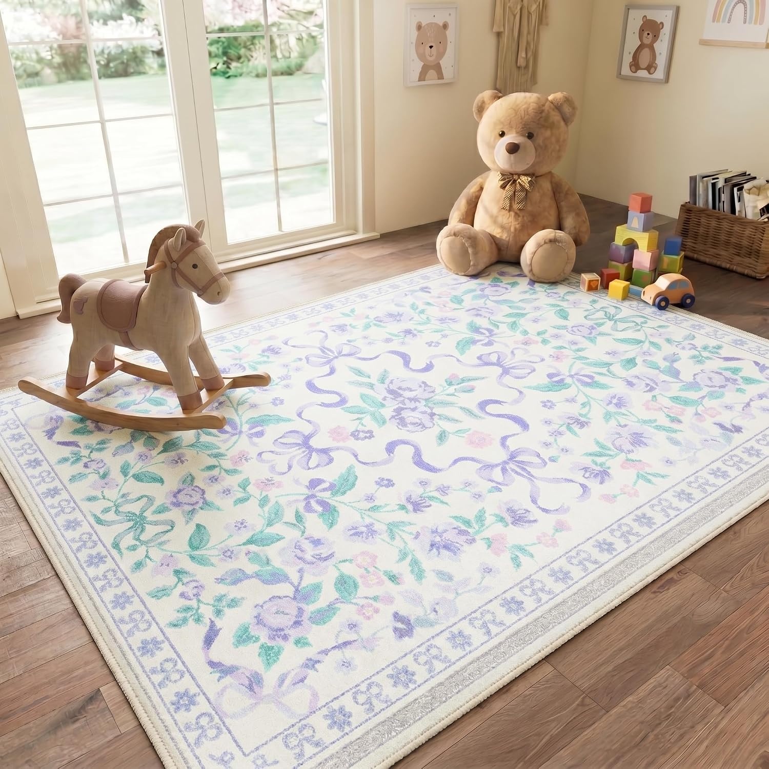 image:imageGENIMO Area Rugs 6X9 for Living Room Bedroom Machine Washable Non Slip Flower Bow Rug Low Pile Soft Cute Floral Rug for Dining Room Girls Room Nursery Room and Playroom Pink BowPurple Floral Bow