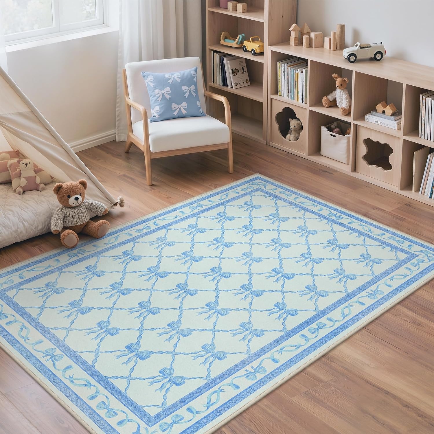 image:imageGENIMO Area Rugs 6X9 for Living Room Bedroom Machine Washable Non Slip Flower Bow Rug Low Pile Soft Cute Floral Rug for Dining Room Girls Room Nursery Room and Playroom Pink BowSky Blue Bow