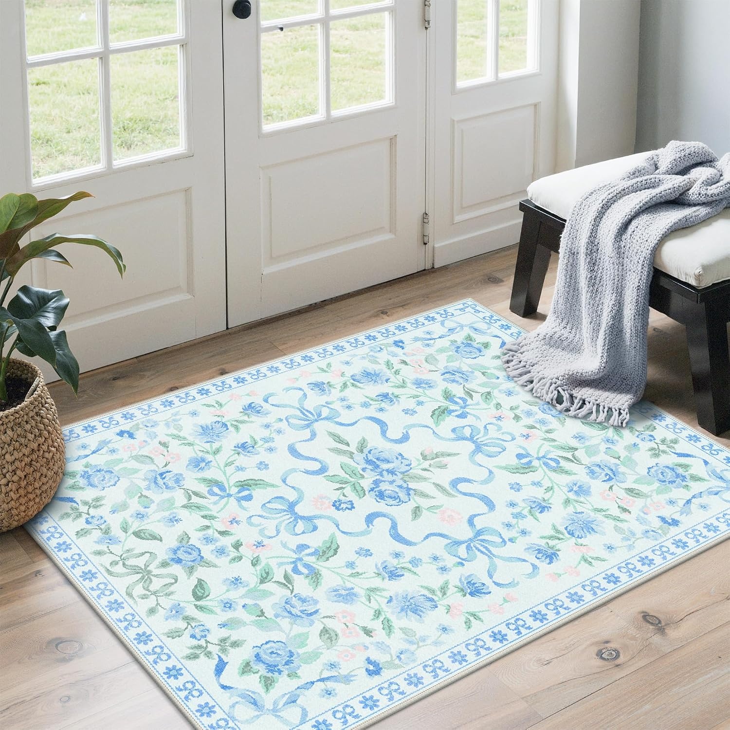 image:imageGENIMO Area Rugs 6X9 for Living Room Bedroom Machine Washable Non Slip Flower Bow Rug Low Pile Soft Cute Floral Rug for Dining Room Girls Room Nursery Room and Playroom Pink BowBlue Floral Bow