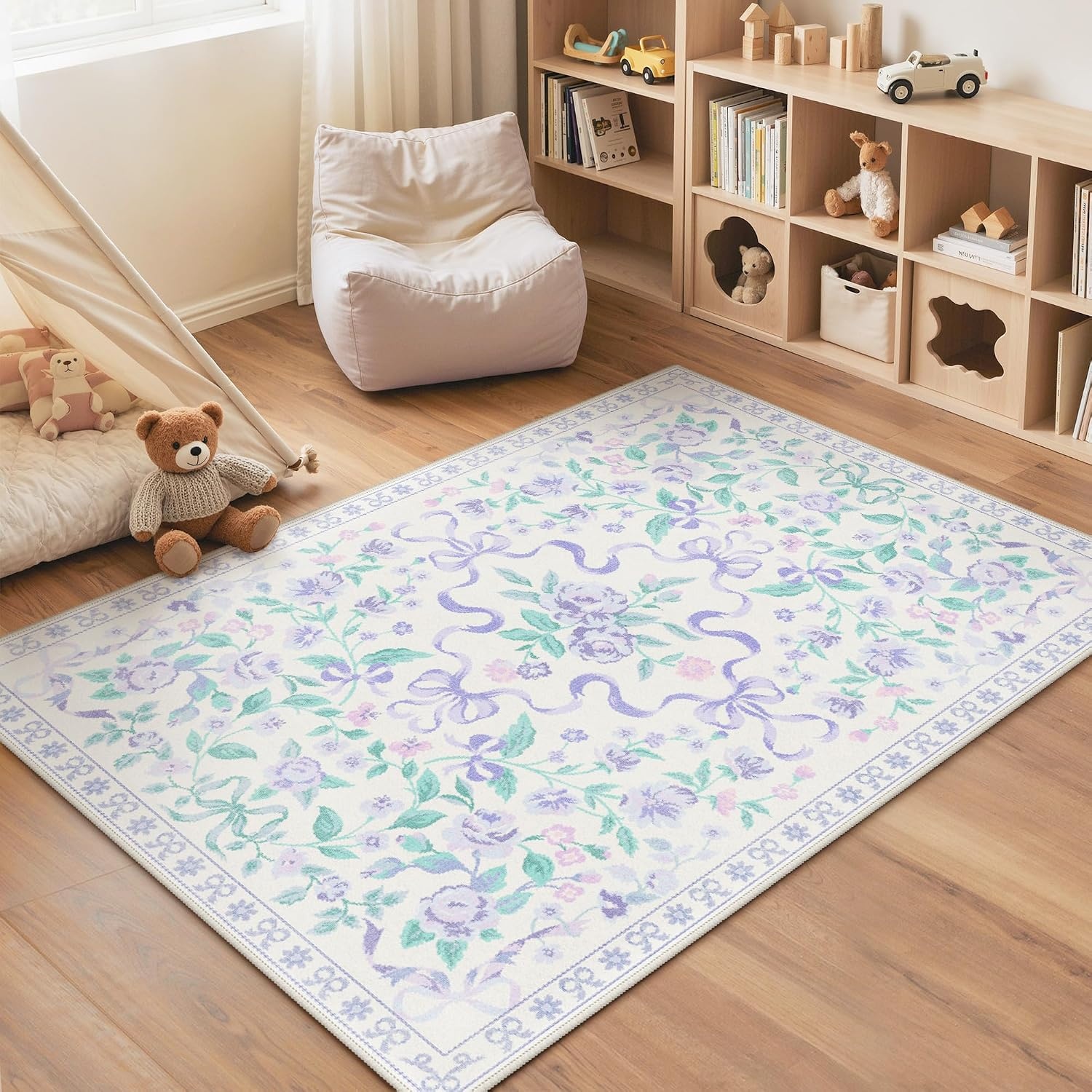 image:imageGENIMO Area Rugs 6X9 for Living Room Bedroom Machine Washable Non Slip Flower Bow Rug Low Pile Soft Cute Floral Rug for Dining Room Girls Room Nursery Room and Playroom Pink BowPurple Floral Bow