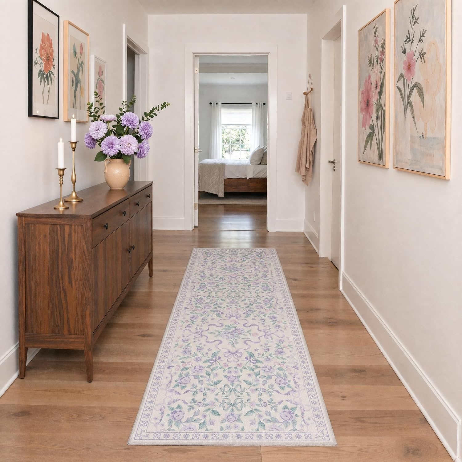 image:imageGENIMO Area Rugs 6X9 for Living Room Bedroom Machine Washable Non Slip Flower Bow Rug Low Pile Soft Cute Floral Rug for Dining Room Girls Room Nursery Room and Playroom Pink BowPurple Floral Bow