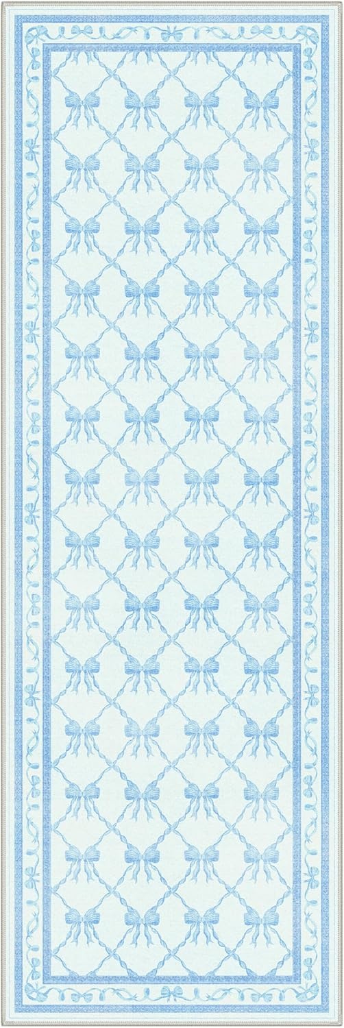 image:imageGENIMO Area Rugs 6X9 for Living Room Bedroom Machine Washable Non Slip Flower Bow Rug Low Pile Soft Cute Floral Rug for Dining Room Girls Room Nursery Room and Playroom Pink BowSky Blue Bow