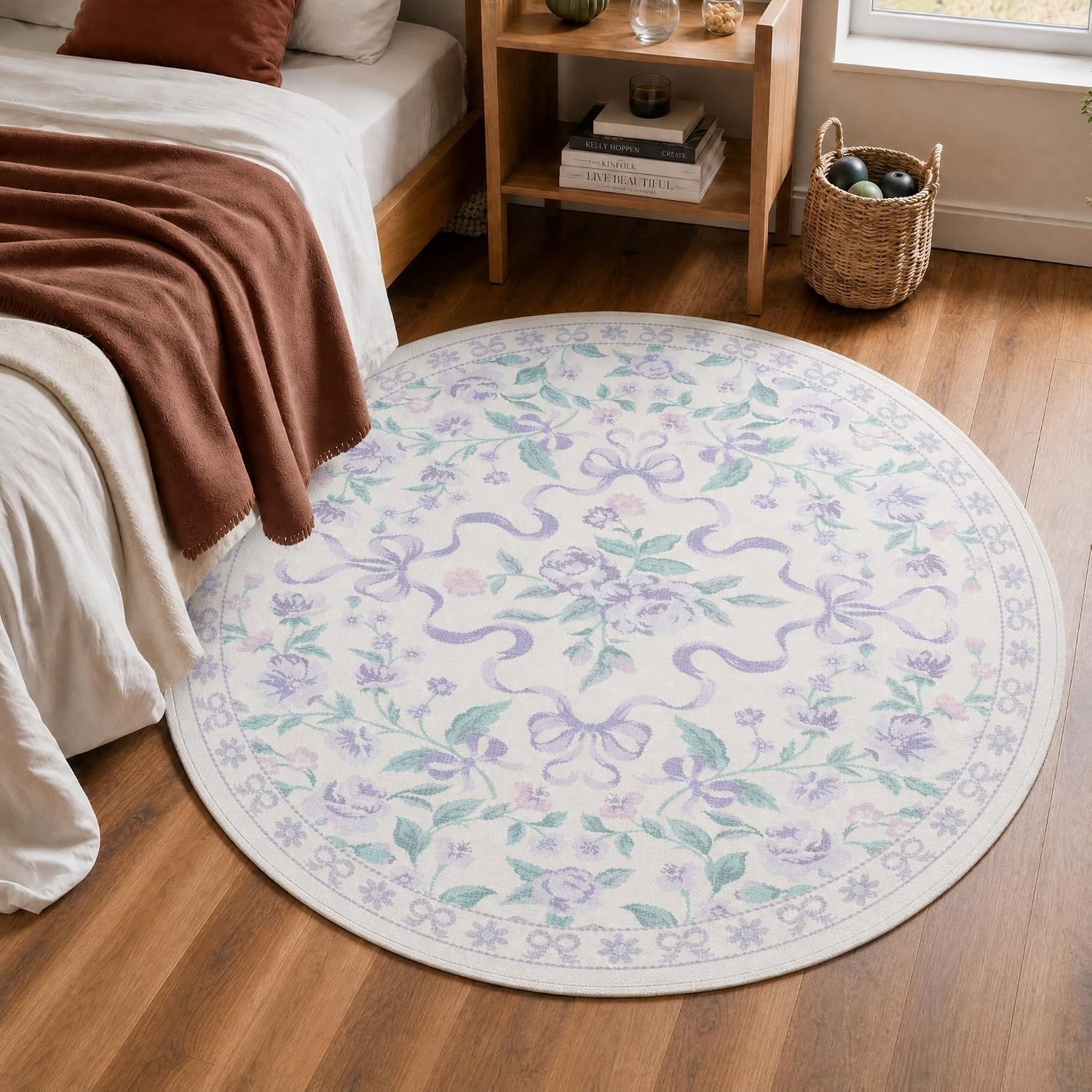 image:imageGENIMO Area Rugs 6X9 for Living Room Bedroom Machine Washable Non Slip Flower Bow Rug Low Pile Soft Cute Floral Rug for Dining Room Girls Room Nursery Room and Playroom Pink BowPurple Floral Bow