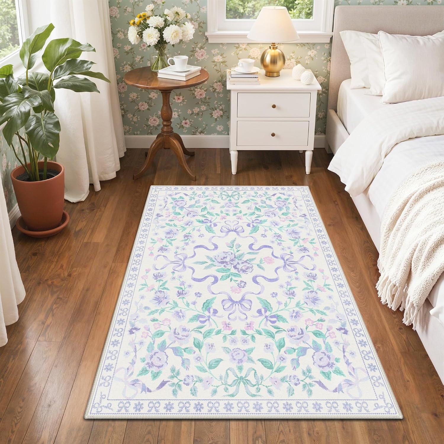 image:imageGENIMO Area Rugs 6X9 for Living Room Bedroom Machine Washable Non Slip Flower Bow Rug Low Pile Soft Cute Floral Rug for Dining Room Girls Room Nursery Room and Playroom Pink BowPurple Floral Bow