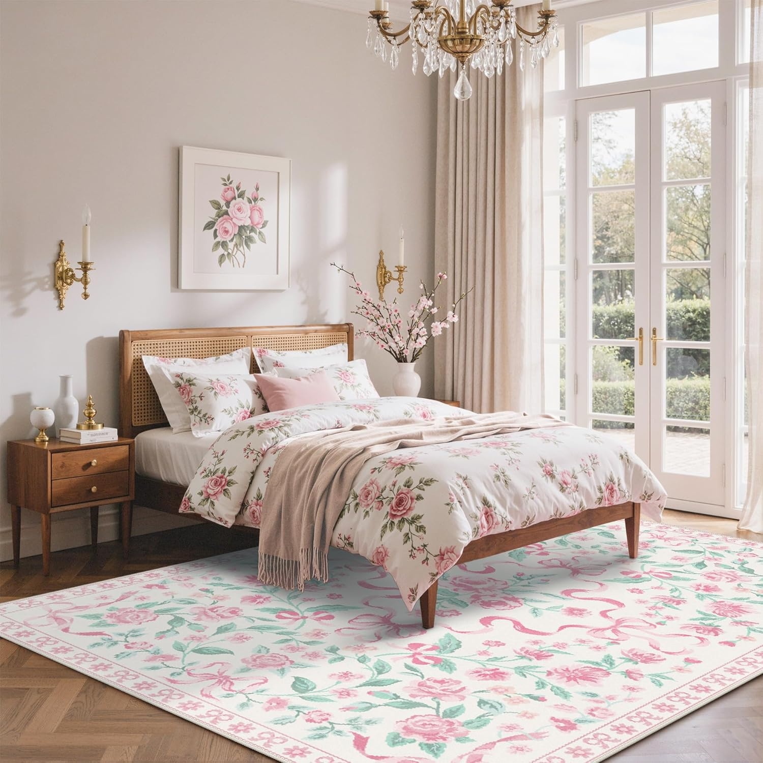 image:imageGENIMO Area Rugs 6X9 for Living Room Bedroom Machine Washable Non Slip Flower Bow Rug Low Pile Soft Cute Floral Rug for Dining Room Girls Room Nursery Room and Playroom Pink BowPink Floral Bow