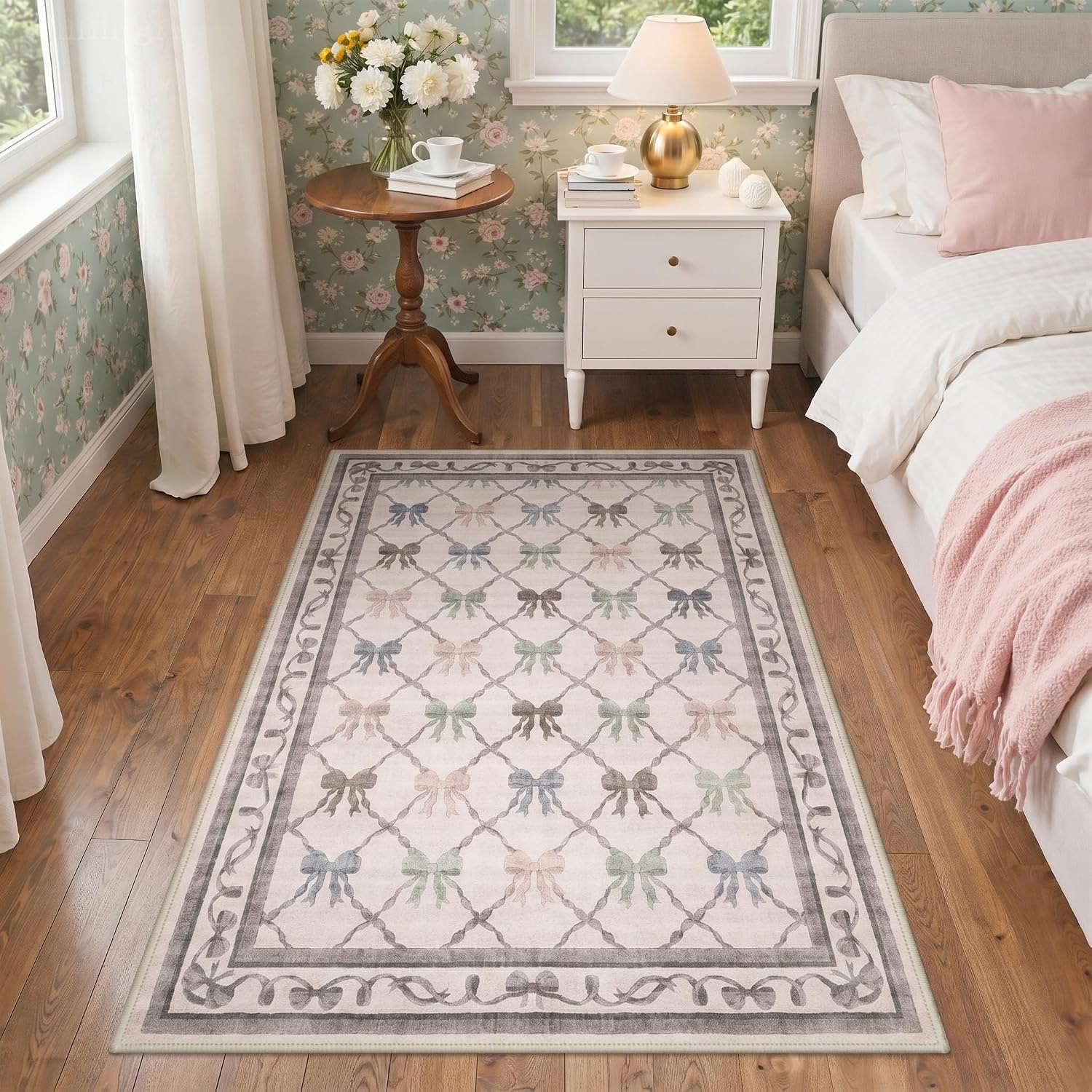 image:imageGENIMO Area Rugs 6X9 for Living Room Bedroom Machine Washable Non Slip Flower Bow Rug Low Pile Soft Cute Floral Rug for Dining Room Girls Room Nursery Room and Playroom Pink BowPastel Multi Bow