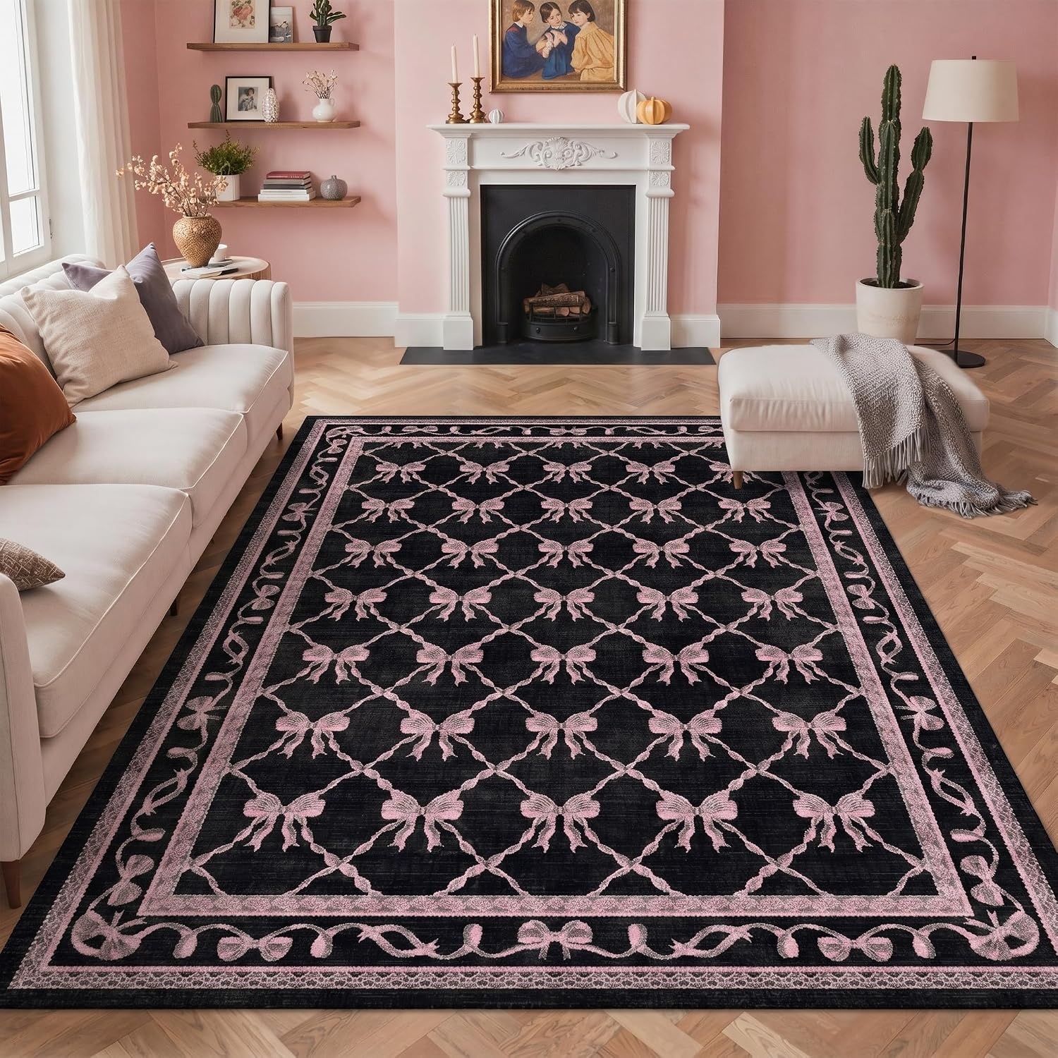 image:imageGENIMO Area Rugs 6X9 for Living Room Bedroom Machine Washable Non Slip Flower Bow Rug Low Pile Soft Cute Floral Rug for Dining Room Girls Room Nursery Room and Playroom Pink BowBlack Pink Bow