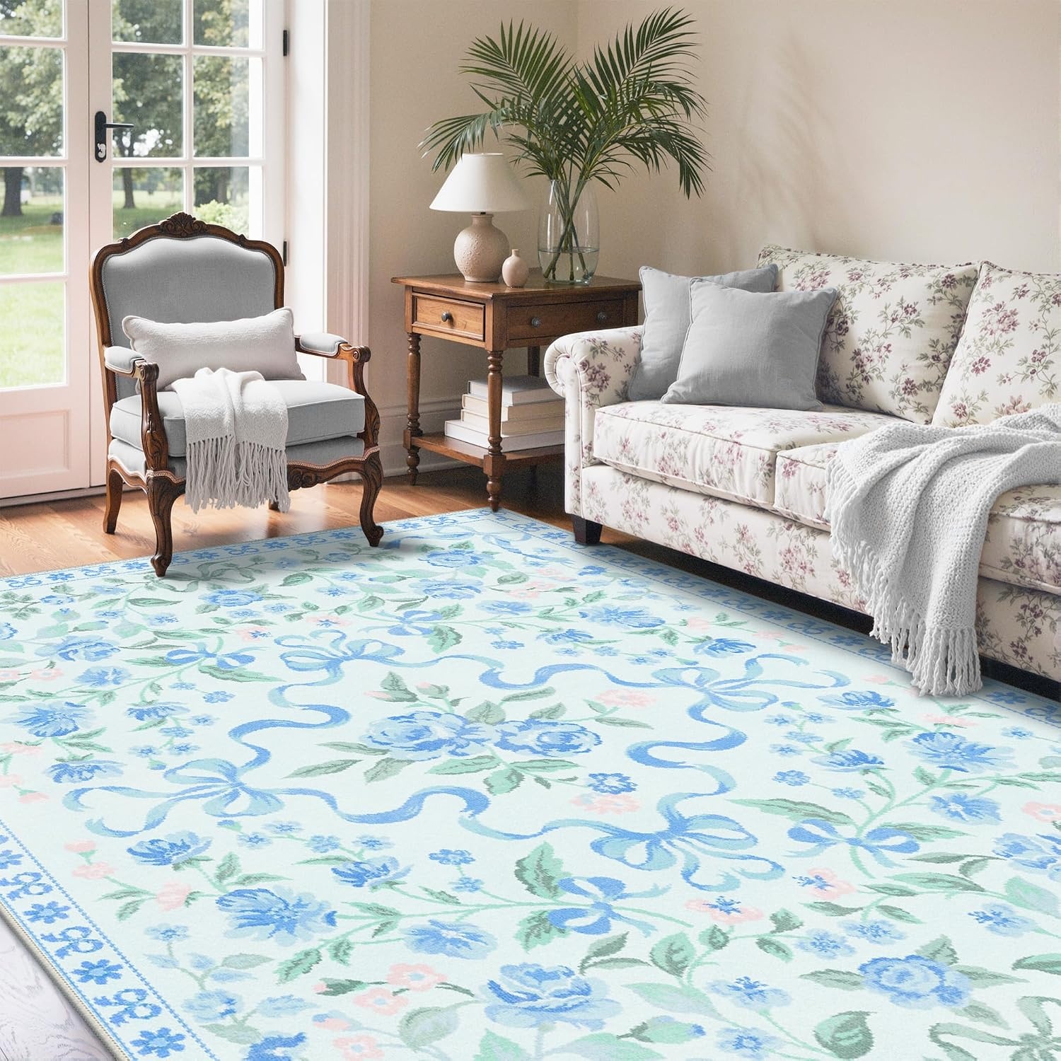 image:imageGENIMO Area Rugs 6X9 for Living Room Bedroom Machine Washable Non Slip Flower Bow Rug Low Pile Soft Cute Floral Rug for Dining Room Girls Room Nursery Room and Playroom Pink BowBlue Floral Bow