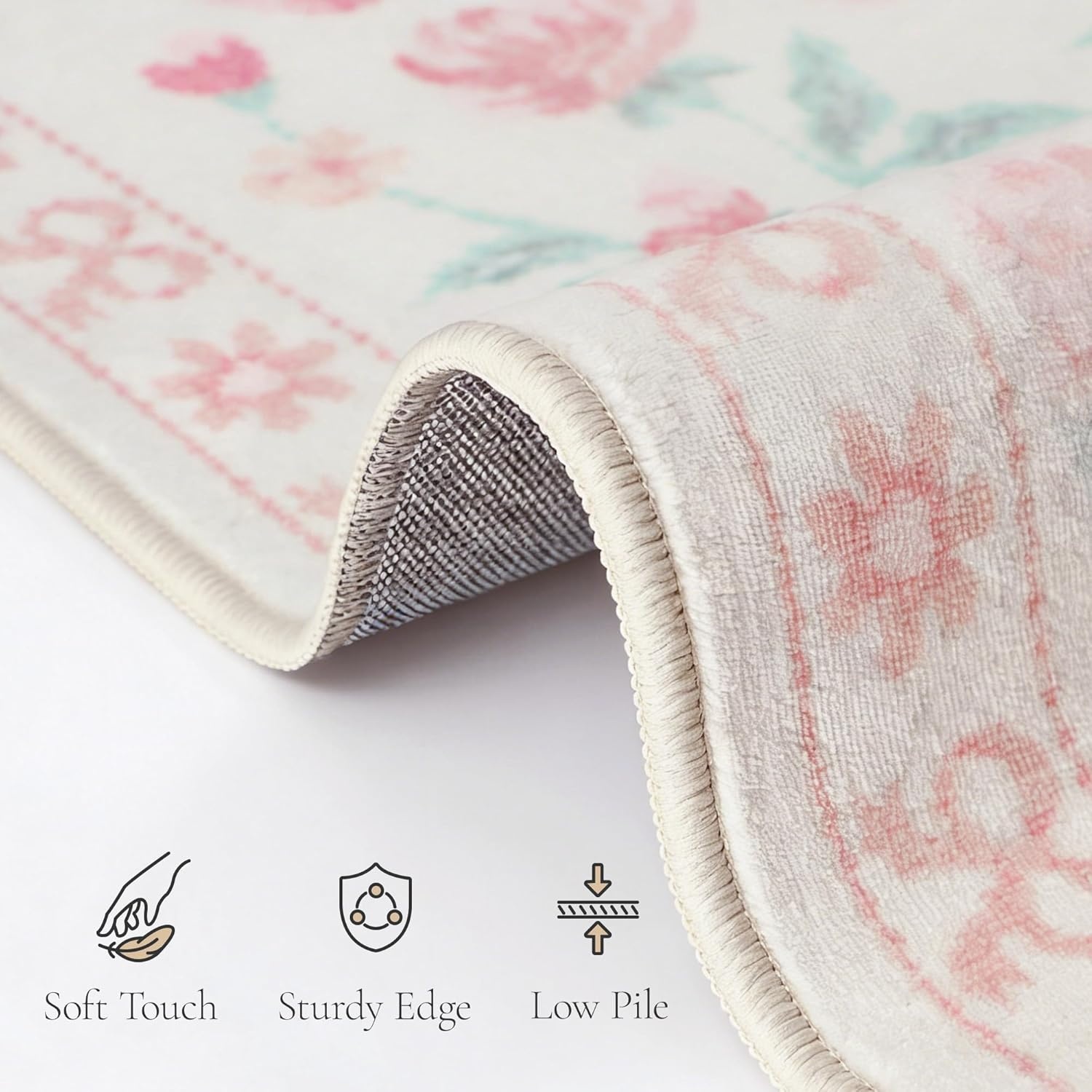 image:imageGENIMO Area Rugs 6X9 for Living Room Bedroom Machine Washable Non Slip Flower Bow Rug Low Pile Soft Cute Floral Rug for Dining Room Girls Room Nursery Room and Playroom Pink BowPink Floral Bow