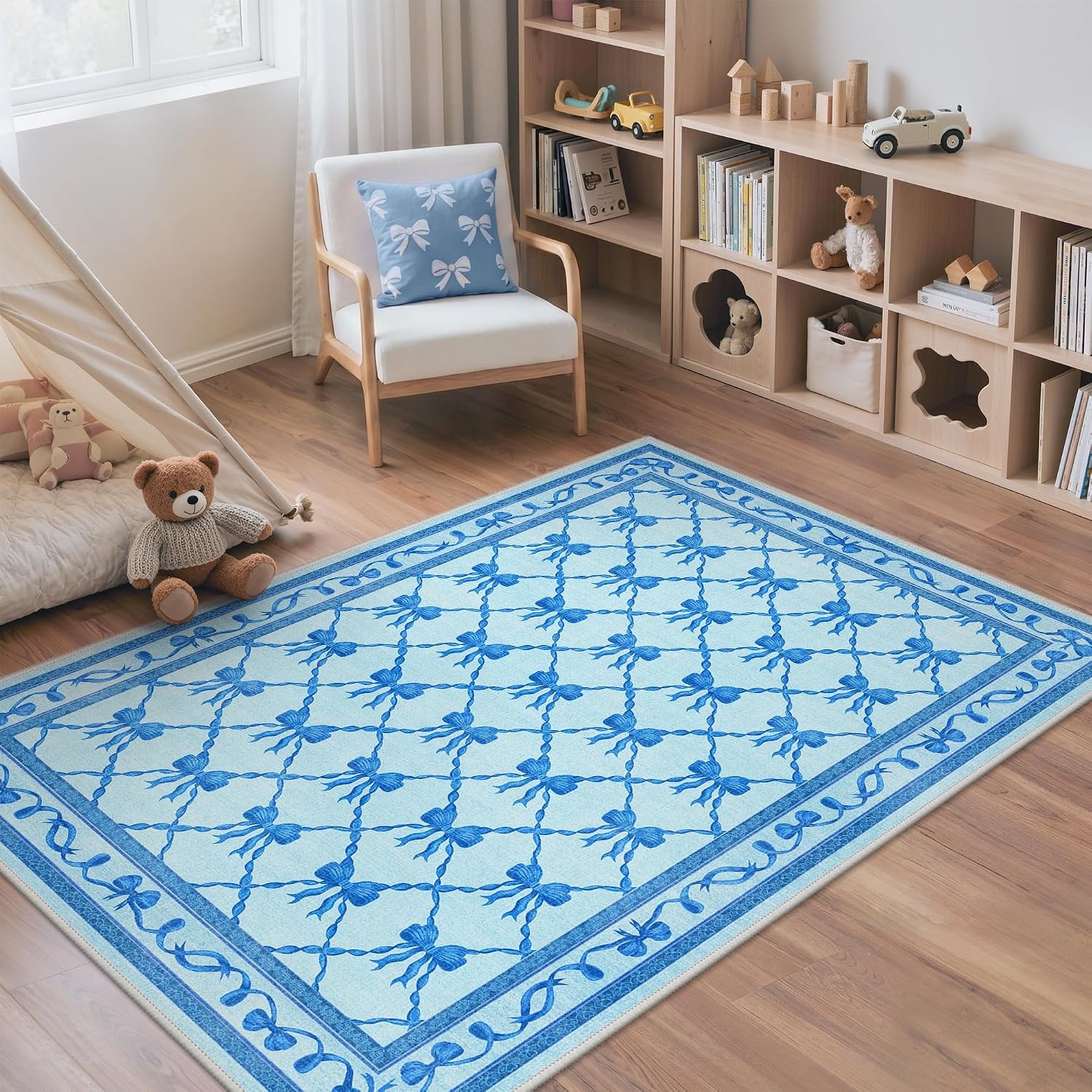 image:imageGENIMO Area Rugs 6X9 for Living Room Bedroom Machine Washable Non Slip Flower Bow Rug Low Pile Soft Cute Floral Rug for Dining Room Girls Room Nursery Room and Playroom Pink BowBlue Bow