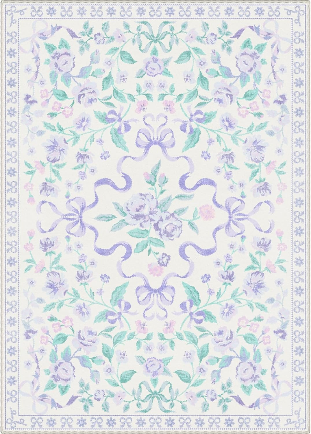 image:imageGENIMO Area Rugs 6X9 for Living Room Bedroom Machine Washable Non Slip Flower Bow Rug Low Pile Soft Cute Floral Rug for Dining Room Girls Room Nursery Room and Playroom Pink BowPurple Floral Bow