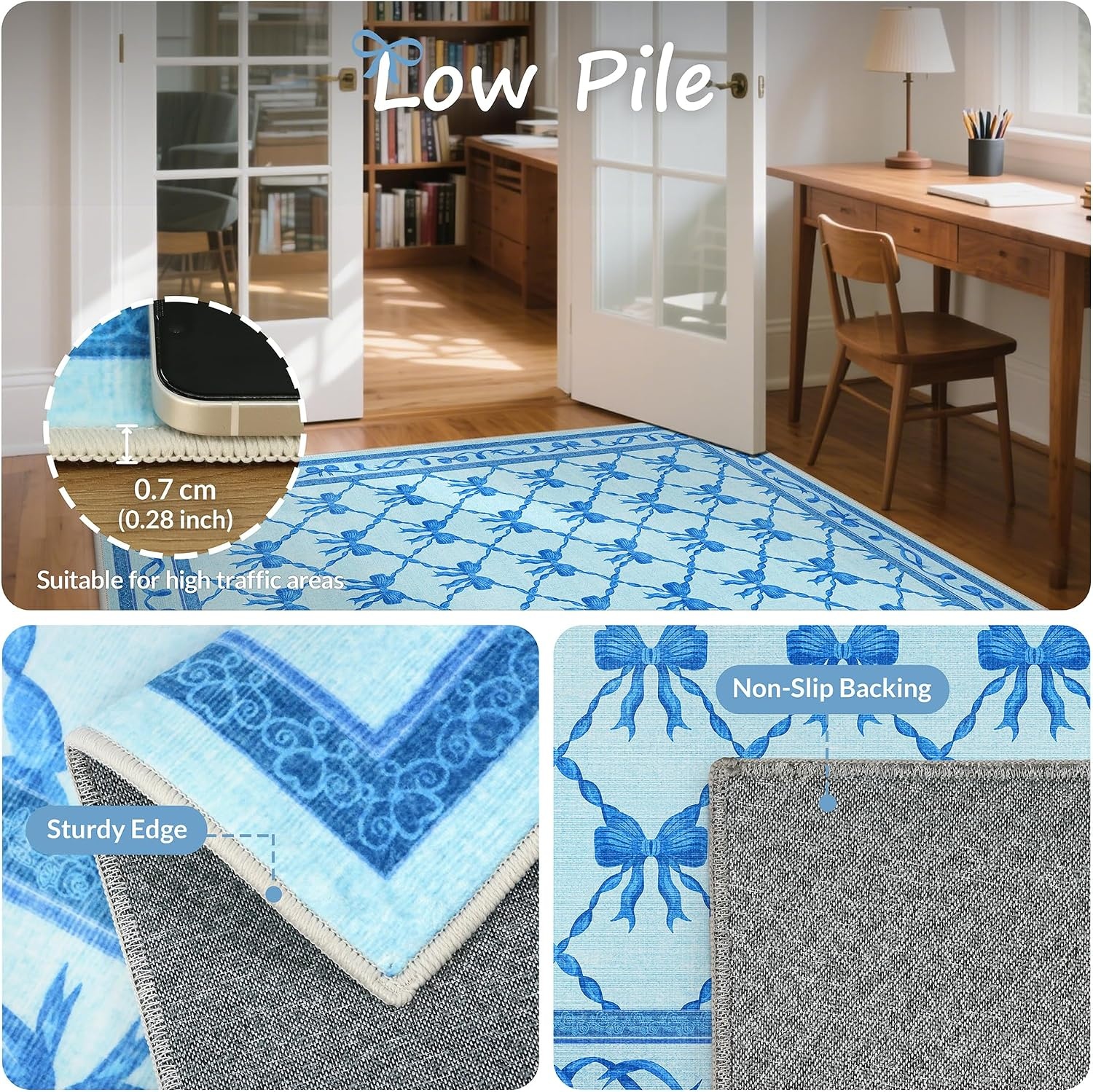 image:imageGENIMO Area Rugs 6X9 for Living Room Bedroom Machine Washable Non Slip Flower Bow Rug Low Pile Soft Cute Floral Rug for Dining Room Girls Room Nursery Room and Playroom Pink BowBlue Bow