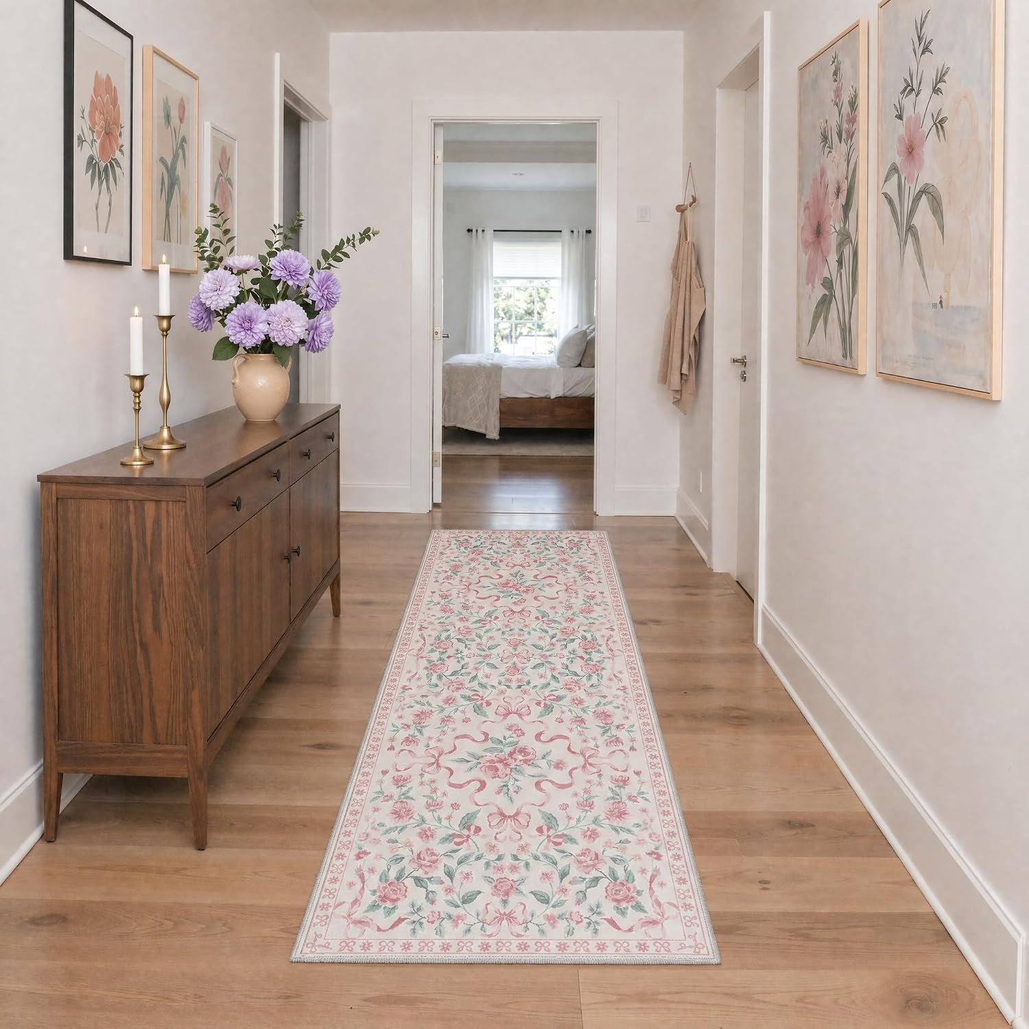 image:imageGENIMO Area Rugs 6X9 for Living Room Bedroom Machine Washable Non Slip Flower Bow Rug Low Pile Soft Cute Floral Rug for Dining Room Girls Room Nursery Room and Playroom Pink BowPink Floral Bow