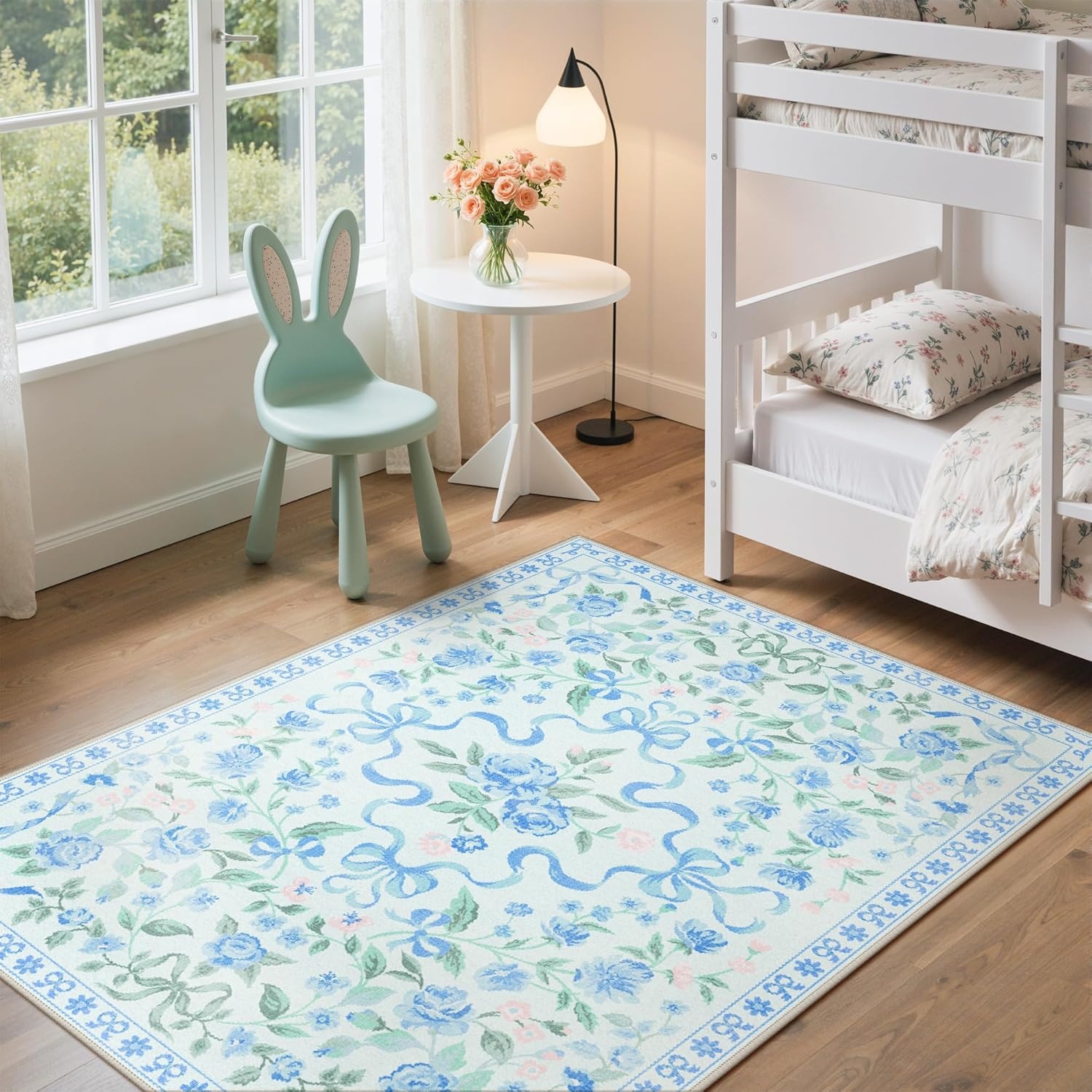 image:imageGENIMO Area Rugs 6X9 for Living Room Bedroom Machine Washable Non Slip Flower Bow Rug Low Pile Soft Cute Floral Rug for Dining Room Girls Room Nursery Room and Playroom Pink BowBlue Floral Bow
