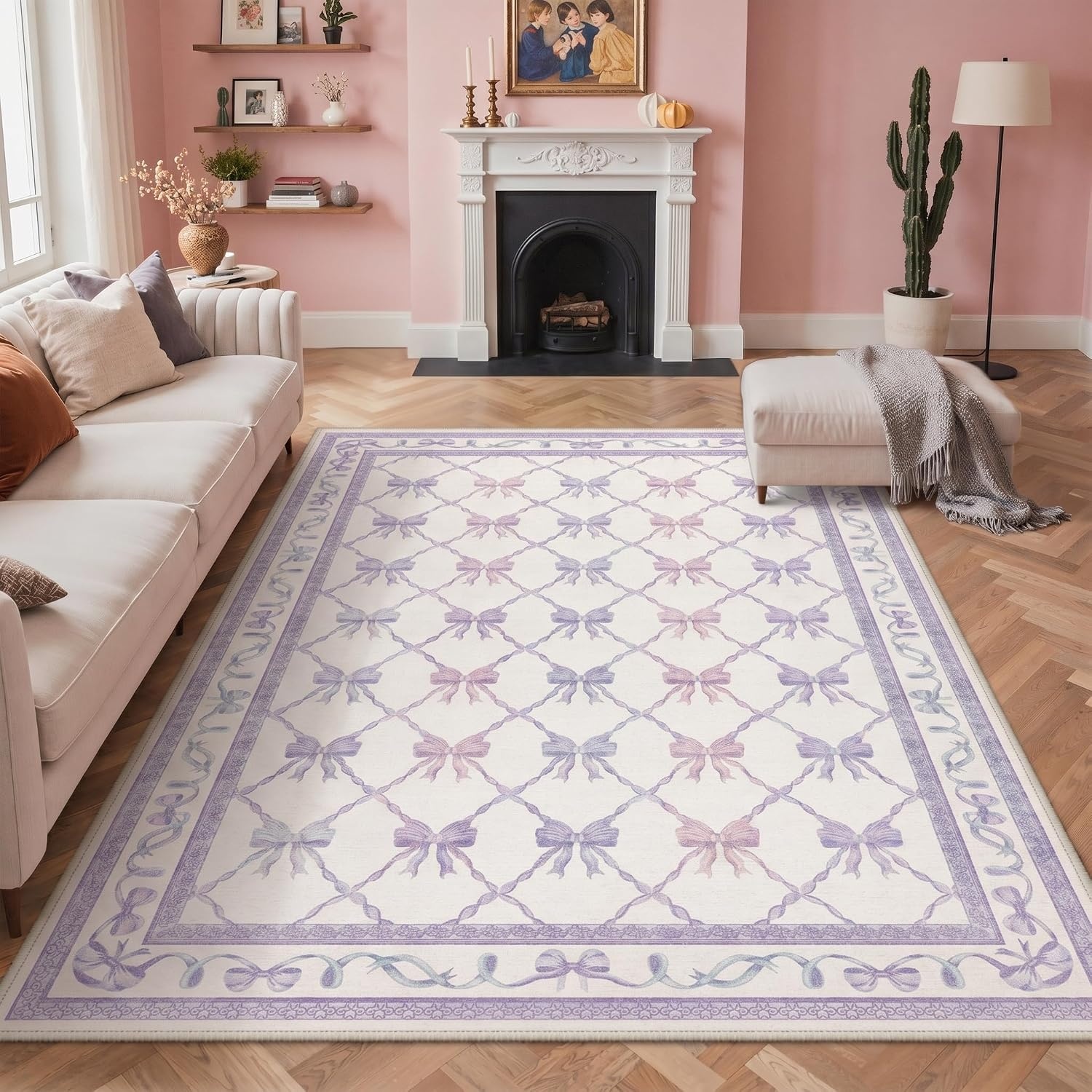 image:imageGENIMO Area Rugs 6X9 for Living Room Bedroom Machine Washable Non Slip Flower Bow Rug Low Pile Soft Cute Floral Rug for Dining Room Girls Room Nursery Room and Playroom Pink BowPurple Blue Bow