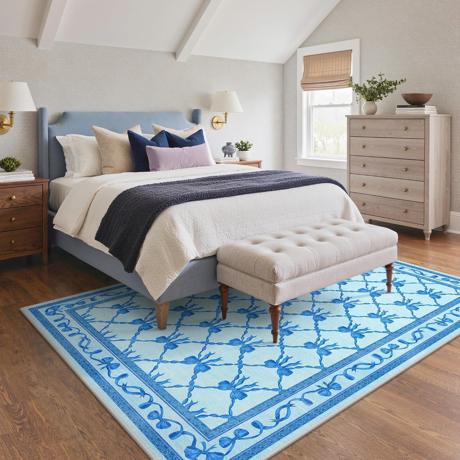 image:imageGENIMO Area Rugs 6X9 for Living Room Bedroom Machine Washable Non Slip Flower Bow Rug Low Pile Soft Cute Floral Rug for Dining Room Girls Room Nursery Room and Playroom Pink BowBlue Bow
