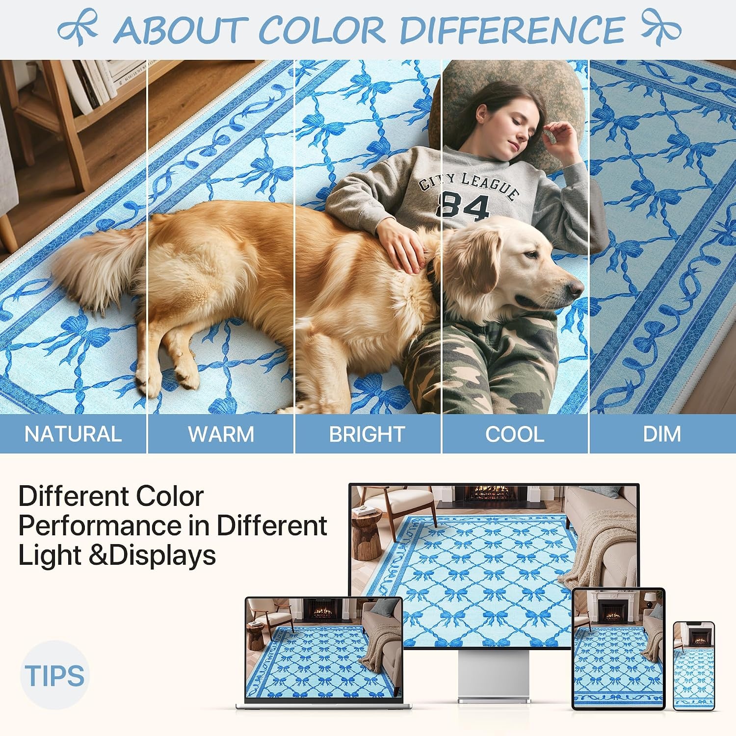 image:imageGENIMO Area Rugs 6X9 for Living Room Bedroom Machine Washable Non Slip Flower Bow Rug Low Pile Soft Cute Floral Rug for Dining Room Girls Room Nursery Room and Playroom Pink BowBlue Bow
