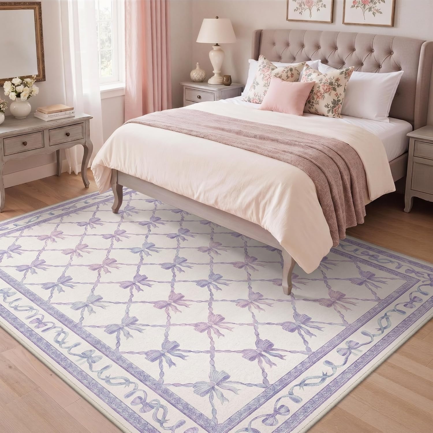 image:imageGENIMO Area Rugs 6X9 for Living Room Bedroom Machine Washable Non Slip Flower Bow Rug Low Pile Soft Cute Floral Rug for Dining Room Girls Room Nursery Room and Playroom Pink BowPurple Blue Bow
