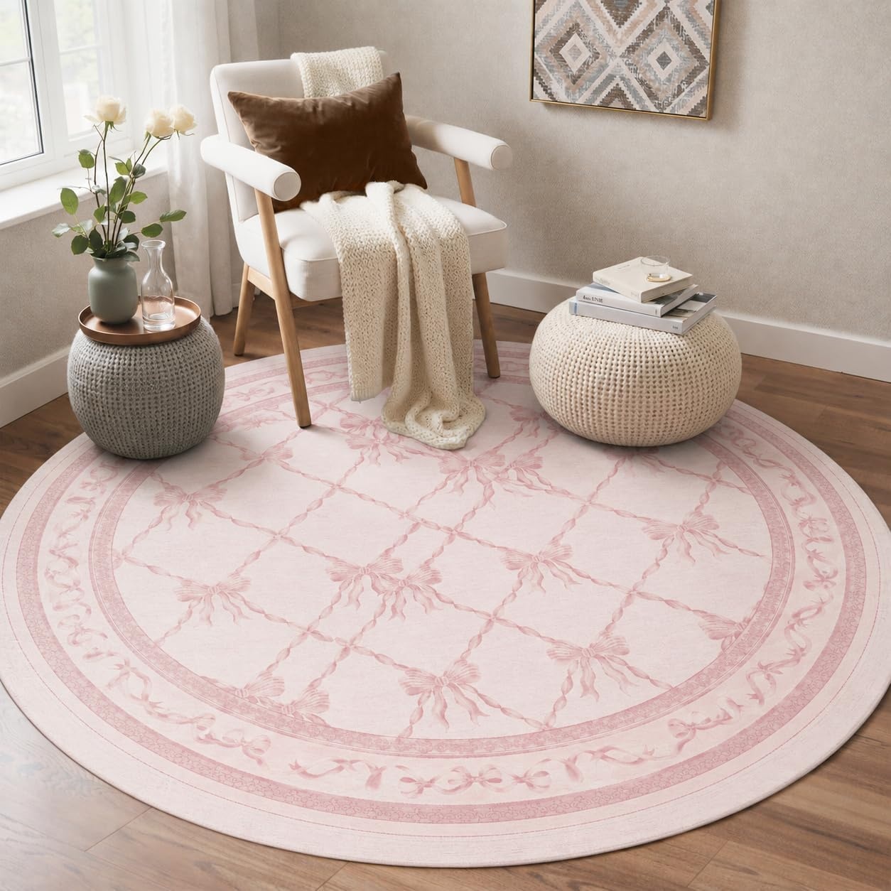 image:imageGENIMO Area Rugs 6X9 for Living Room Bedroom Machine Washable Non Slip Flower Bow Rug Low Pile Soft Cute Floral Rug for Dining Room Girls Room Nursery Room and Playroom Pink BowPink Bow