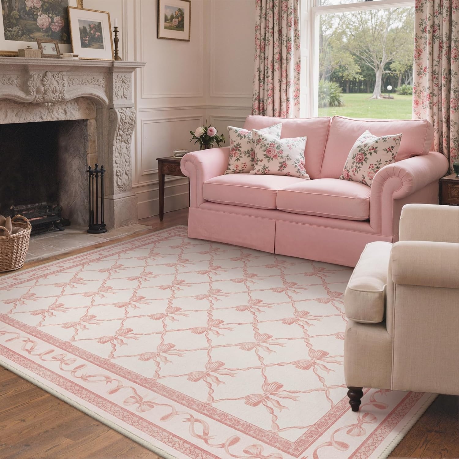 image:imageGENIMO Area Rugs 6X9 for Living Room Bedroom Machine Washable Non Slip Flower Bow Rug Low Pile Soft Cute Floral Rug for Dining Room Girls Room Nursery Room and Playroom Pink BowPink Bow