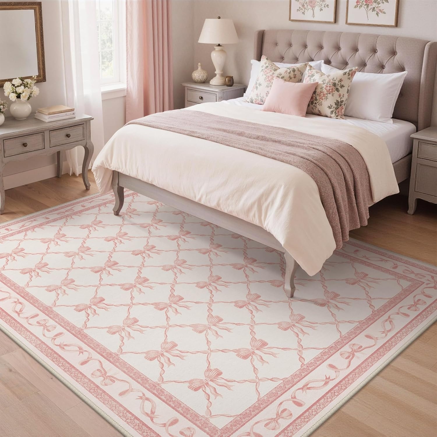 image:imageGENIMO Area Rugs 6X9 for Living Room Bedroom Machine Washable Non Slip Flower Bow Rug Low Pile Soft Cute Floral Rug for Dining Room Girls Room Nursery Room and Playroom Pink BowPink Bow