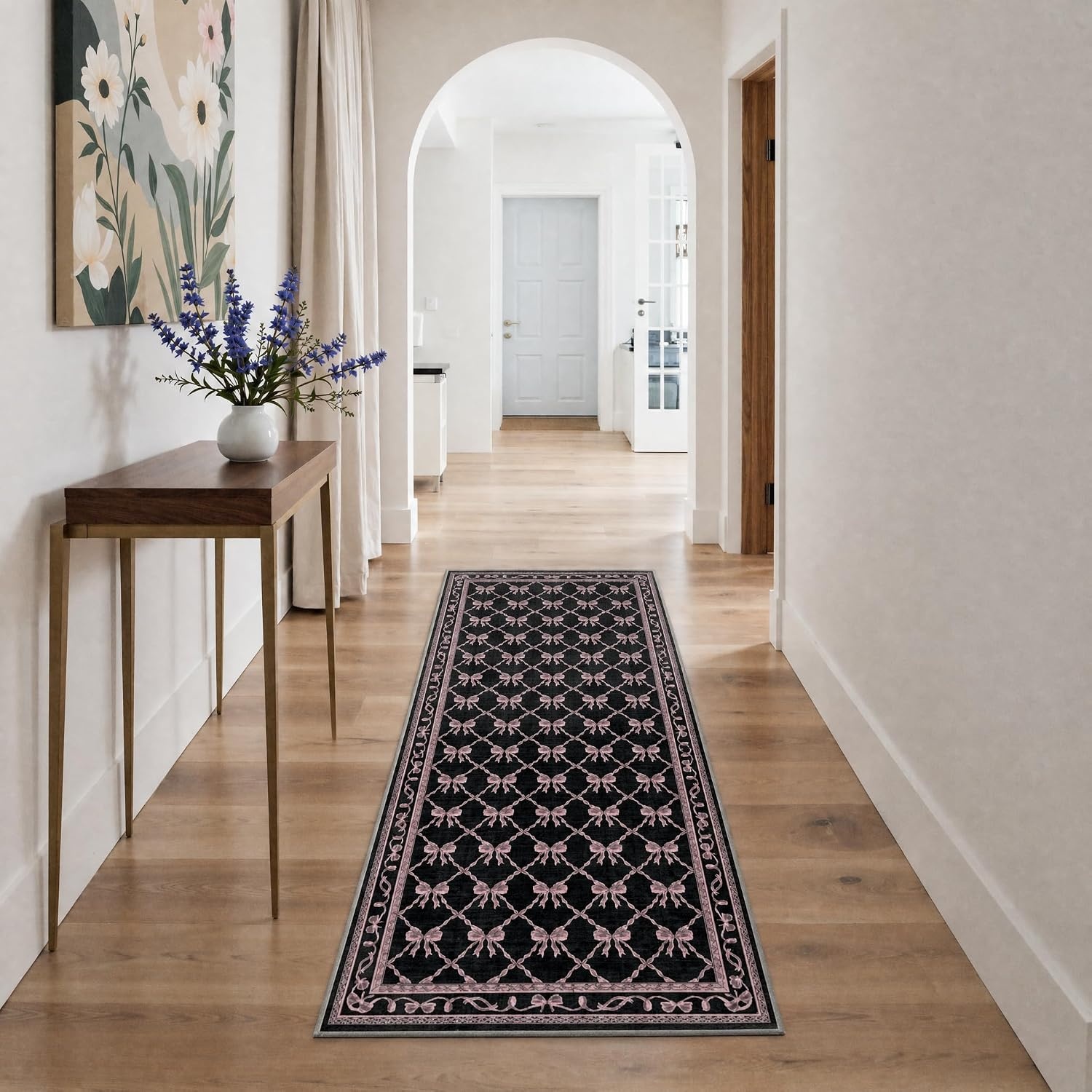 image:imageGENIMO Area Rugs 6X9 for Living Room Bedroom Machine Washable Non Slip Flower Bow Rug Low Pile Soft Cute Floral Rug for Dining Room Girls Room Nursery Room and Playroom Pink BowBlack Pink Bow