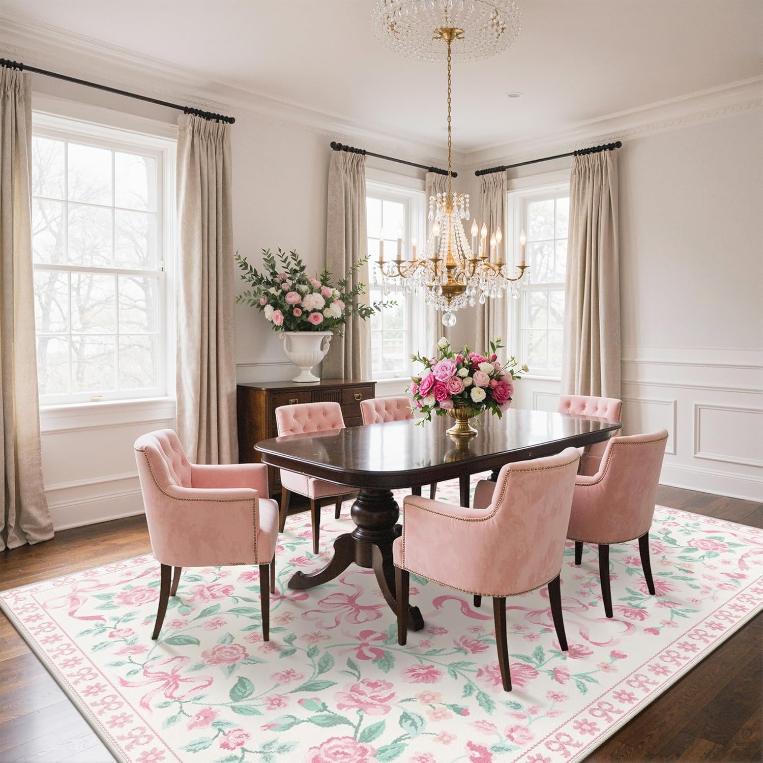 image:imageGENIMO Area Rugs 6X9 for Living Room Bedroom Machine Washable Non Slip Flower Bow Rug Low Pile Soft Cute Floral Rug for Dining Room Girls Room Nursery Room and Playroom Pink BowPink Floral Bow