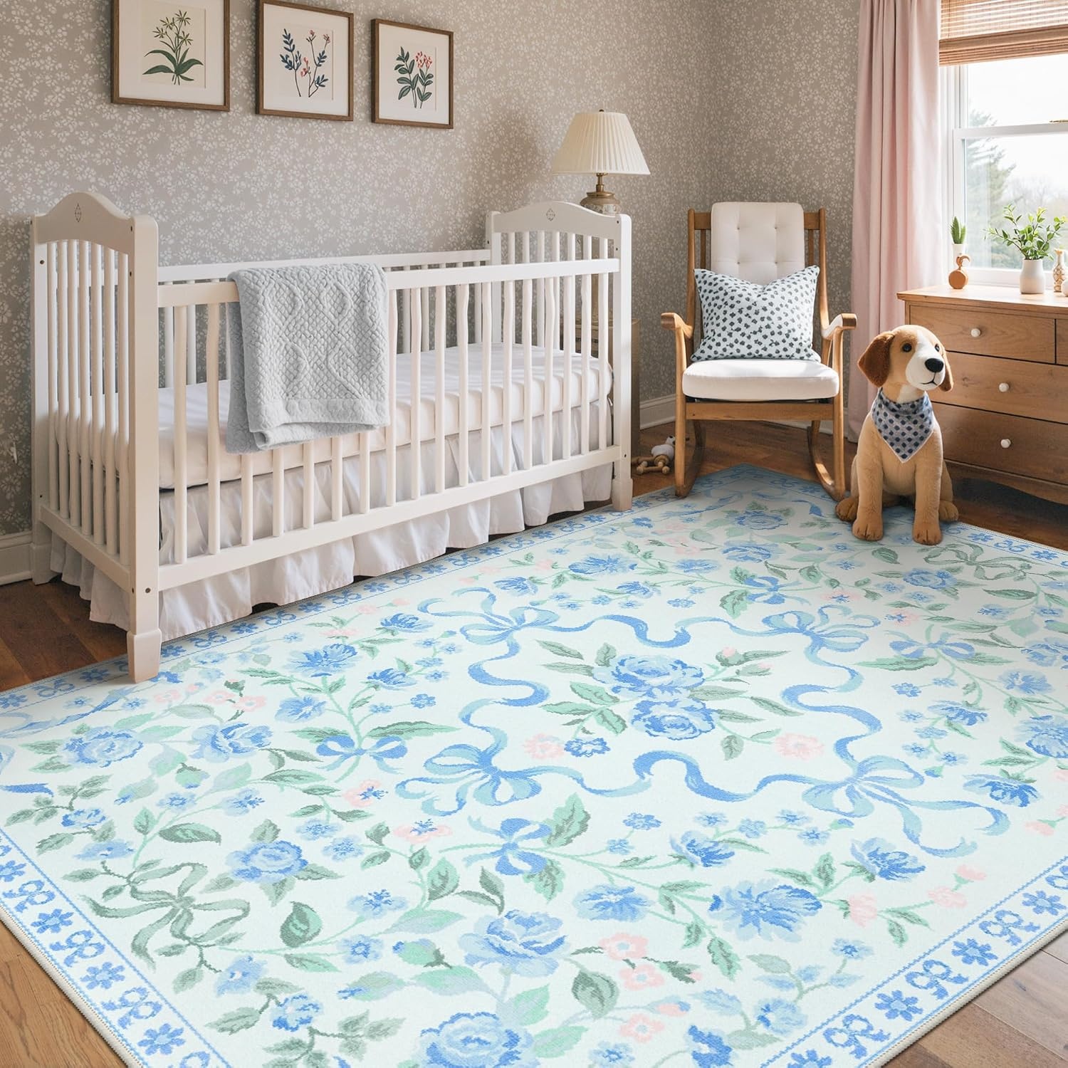 image:imageGENIMO Area Rugs 6X9 for Living Room Bedroom Machine Washable Non Slip Flower Bow Rug Low Pile Soft Cute Floral Rug for Dining Room Girls Room Nursery Room and Playroom Pink BowBlue Floral Bow