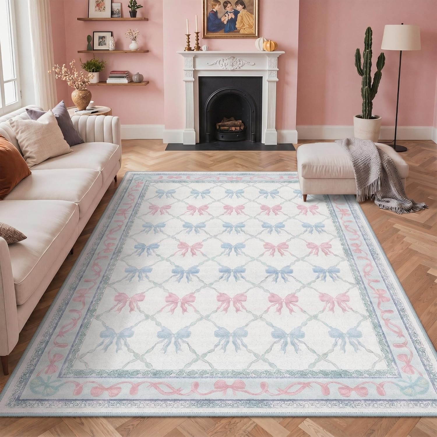 image:imageGENIMO Area Rugs 6X9 for Living Room Bedroom Machine Washable Non Slip Flower Bow Rug Low Pile Soft Cute Floral Rug for Dining Room Girls Room Nursery Room and Playroom Pink BowBlue Pink Bow
