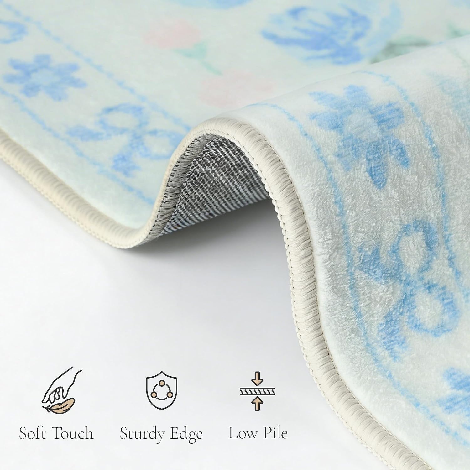 image:imageGENIMO Area Rugs 6X9 for Living Room Bedroom Machine Washable Non Slip Flower Bow Rug Low Pile Soft Cute Floral Rug for Dining Room Girls Room Nursery Room and Playroom Pink BowBlue Floral Bow