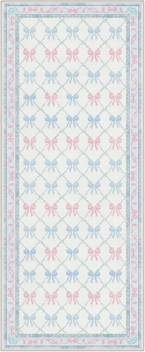 image:imageGENIMO Area Rugs 6X9 for Living Room Bedroom Machine Washable Non Slip Flower Bow Rug Low Pile Soft Cute Floral Rug for Dining Room Girls Room Nursery Room and Playroom Pink BowPurple Floral Bow