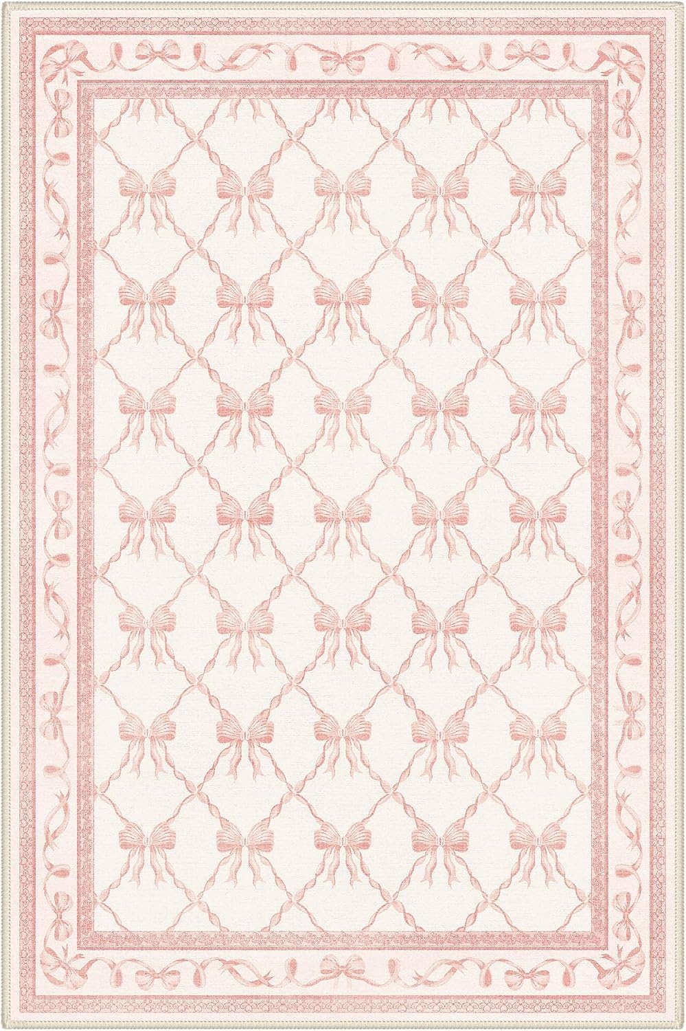 image:imageGENIMO Area Rugs 6X9 for Living Room Bedroom Machine Washable Non Slip Flower Bow Rug Low Pile Soft Cute Floral Rug for Dining Room Girls Room Nursery Room and Playroom Pink BowPink Bow