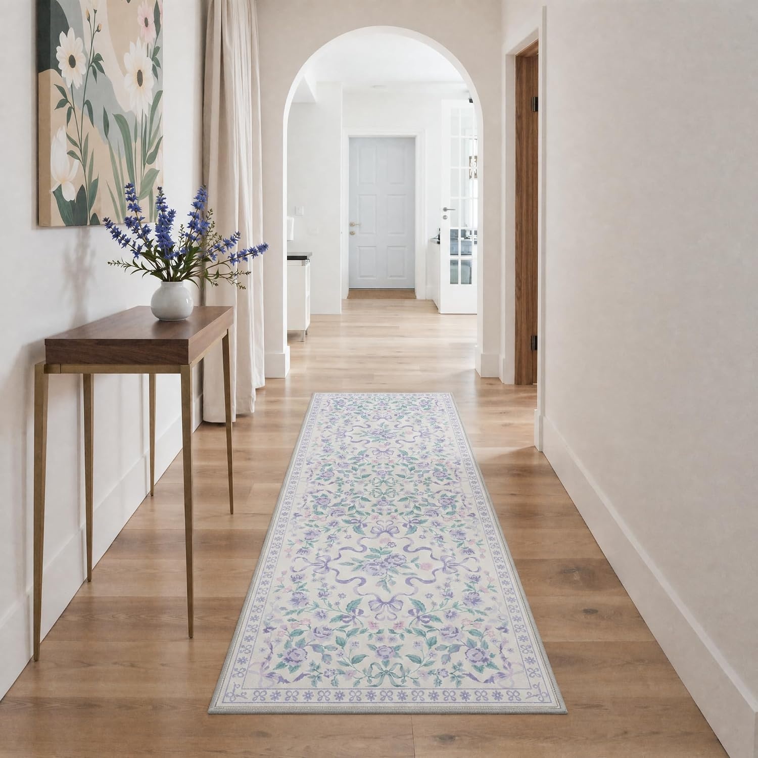 image:imageGENIMO Area Rugs 6X9 for Living Room Bedroom Machine Washable Non Slip Flower Bow Rug Low Pile Soft Cute Floral Rug for Dining Room Girls Room Nursery Room and Playroom Pink BowPurple Floral Bow