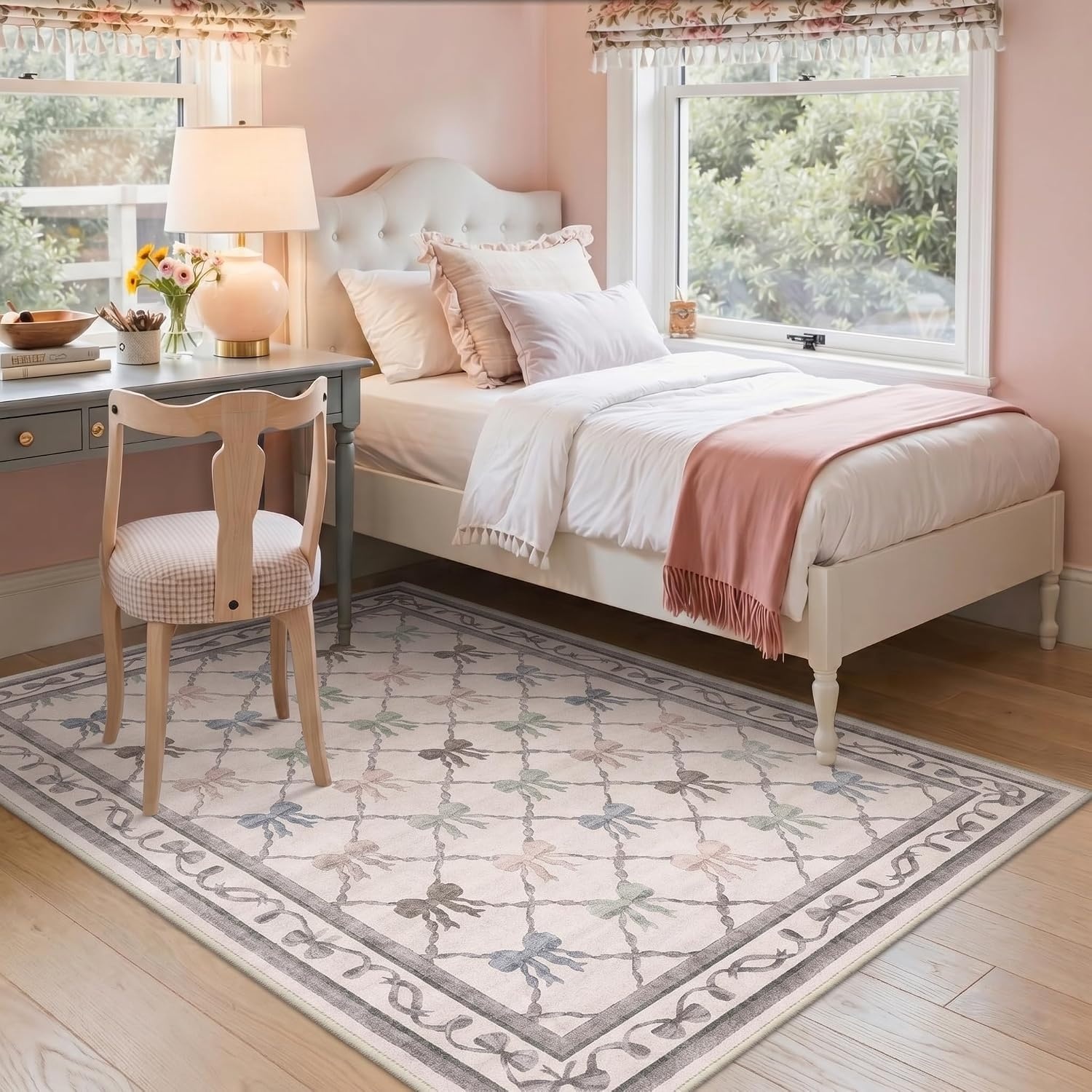 image:imageGENIMO Area Rugs 6X9 for Living Room Bedroom Machine Washable Non Slip Flower Bow Rug Low Pile Soft Cute Floral Rug for Dining Room Girls Room Nursery Room and Playroom Pink BowPastel Multi Bow