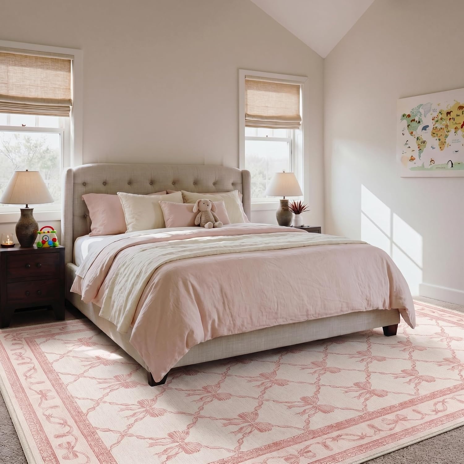 image:imageGENIMO Area Rugs 6X9 for Living Room Bedroom Machine Washable Non Slip Flower Bow Rug Low Pile Soft Cute Floral Rug for Dining Room Girls Room Nursery Room and Playroom Pink BowPink Bow