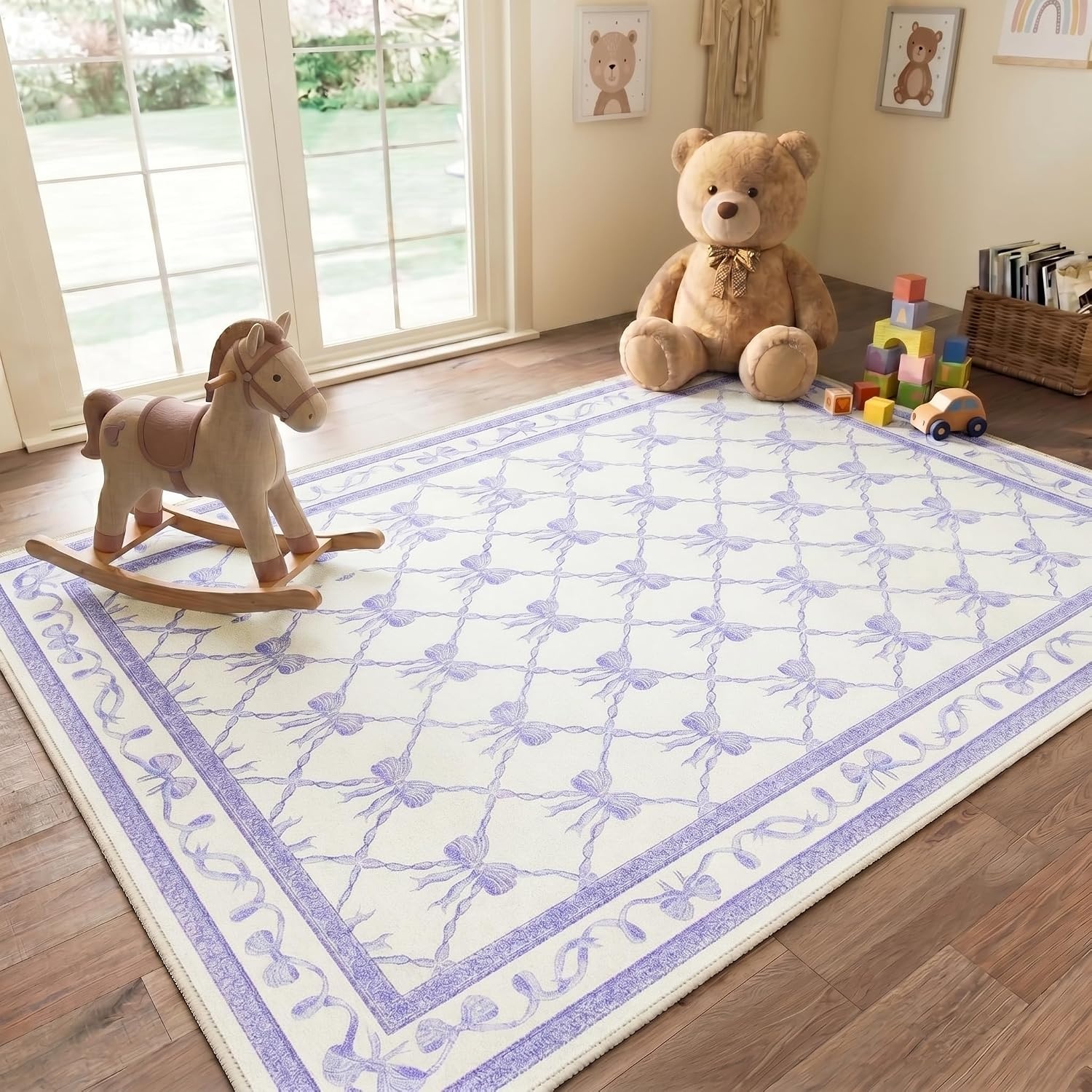 image:imageGENIMO Area Rugs 6X9 for Living Room Bedroom Machine Washable Non Slip Flower Bow Rug Low Pile Soft Cute Floral Rug for Dining Room Girls Room Nursery Room and Playroom Pink BowPurple Bow