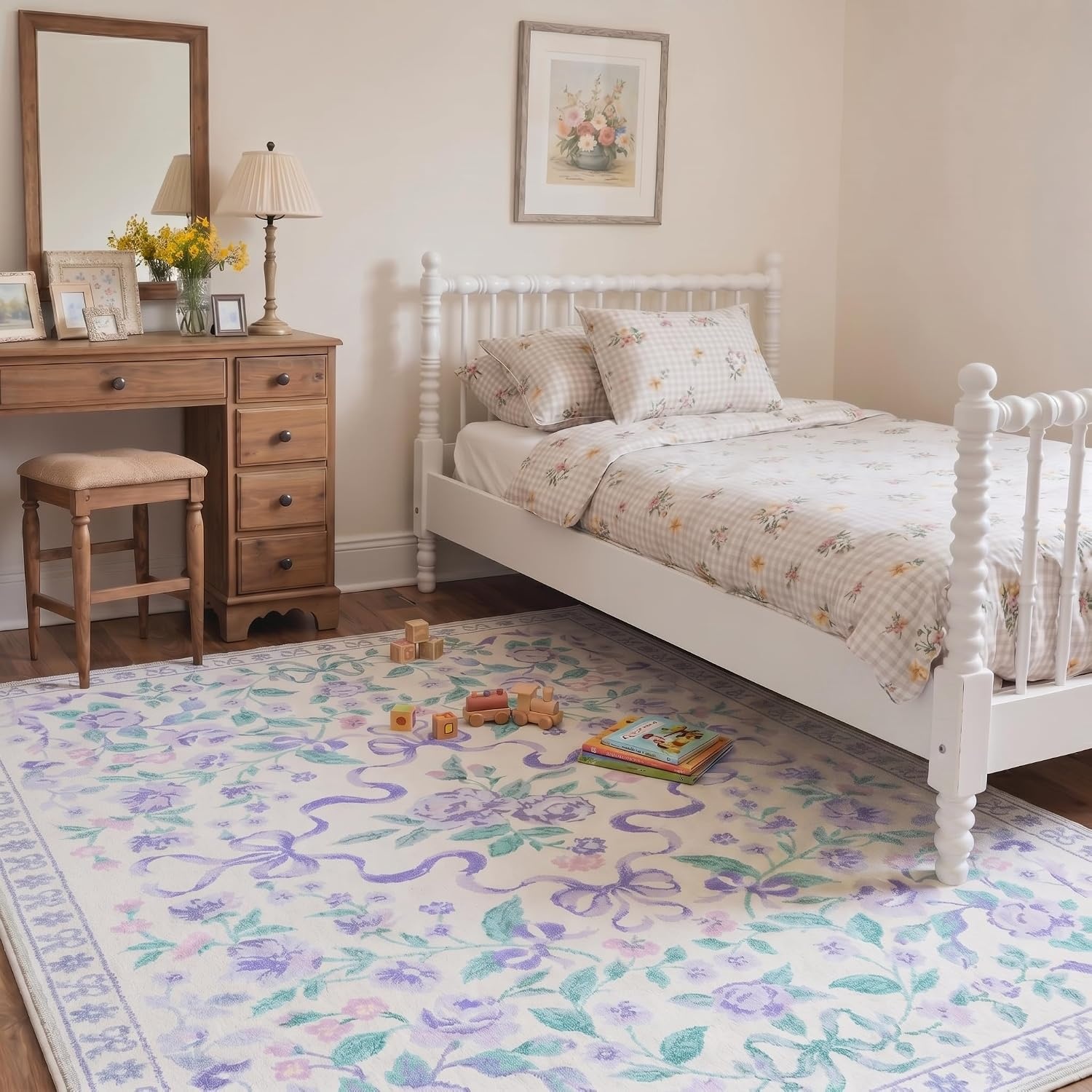 image:imageGENIMO Area Rugs 6X9 for Living Room Bedroom Machine Washable Non Slip Flower Bow Rug Low Pile Soft Cute Floral Rug for Dining Room Girls Room Nursery Room and Playroom Pink BowPurple Floral Bow