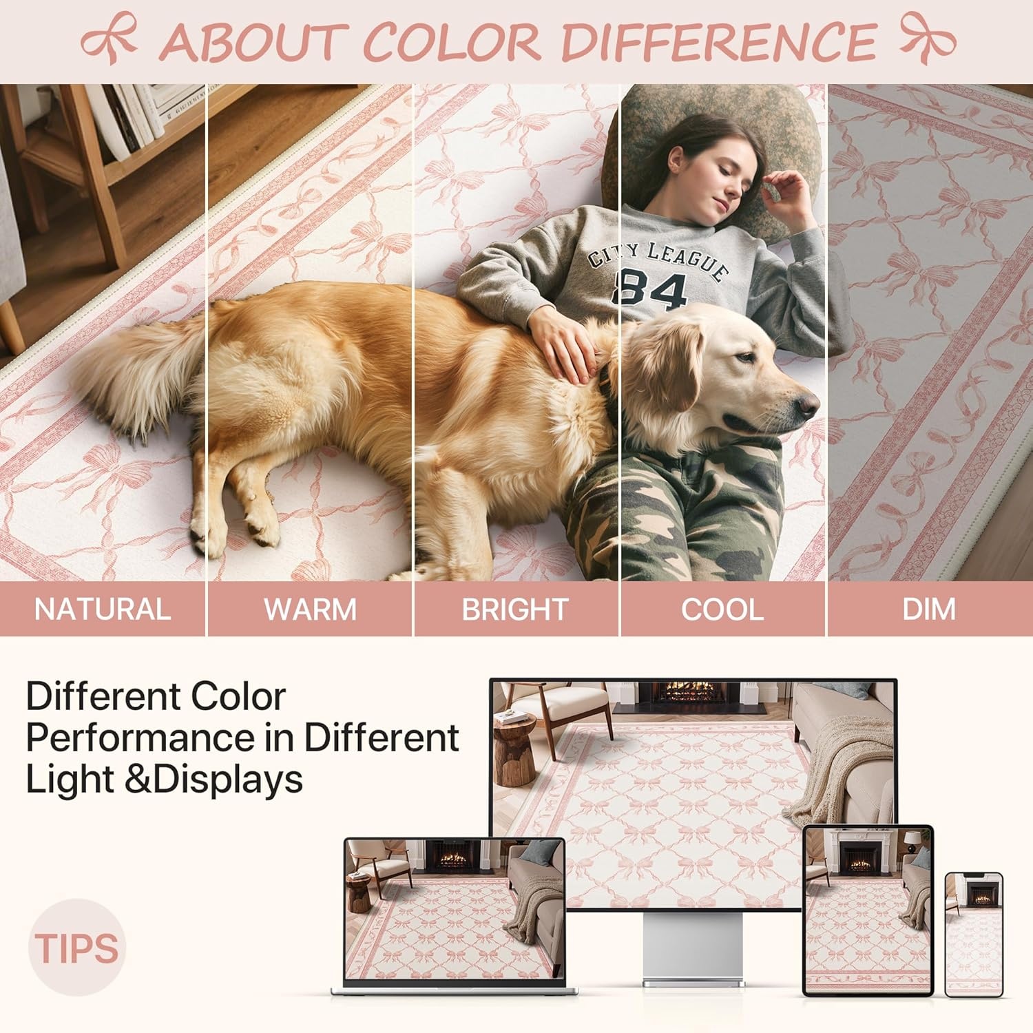 image:imageGENIMO Area Rugs 6X9 for Living Room Bedroom Machine Washable Non Slip Flower Bow Rug Low Pile Soft Cute Floral Rug for Dining Room Girls Room Nursery Room and Playroom Pink BowPink Bow