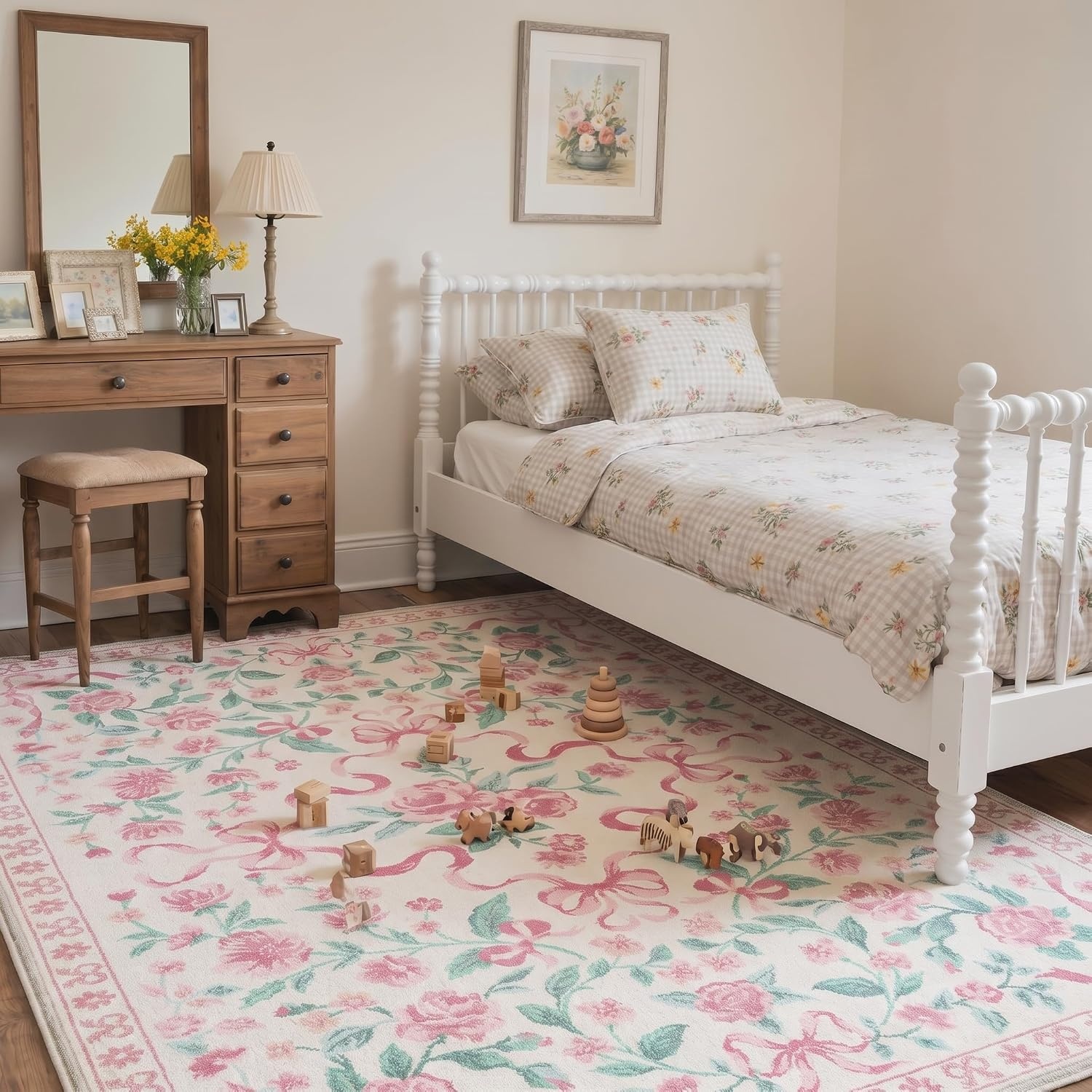 image:imageGENIMO Area Rugs 6X9 for Living Room Bedroom Machine Washable Non Slip Flower Bow Rug Low Pile Soft Cute Floral Rug for Dining Room Girls Room Nursery Room and Playroom Pink BowPink Floral Bow