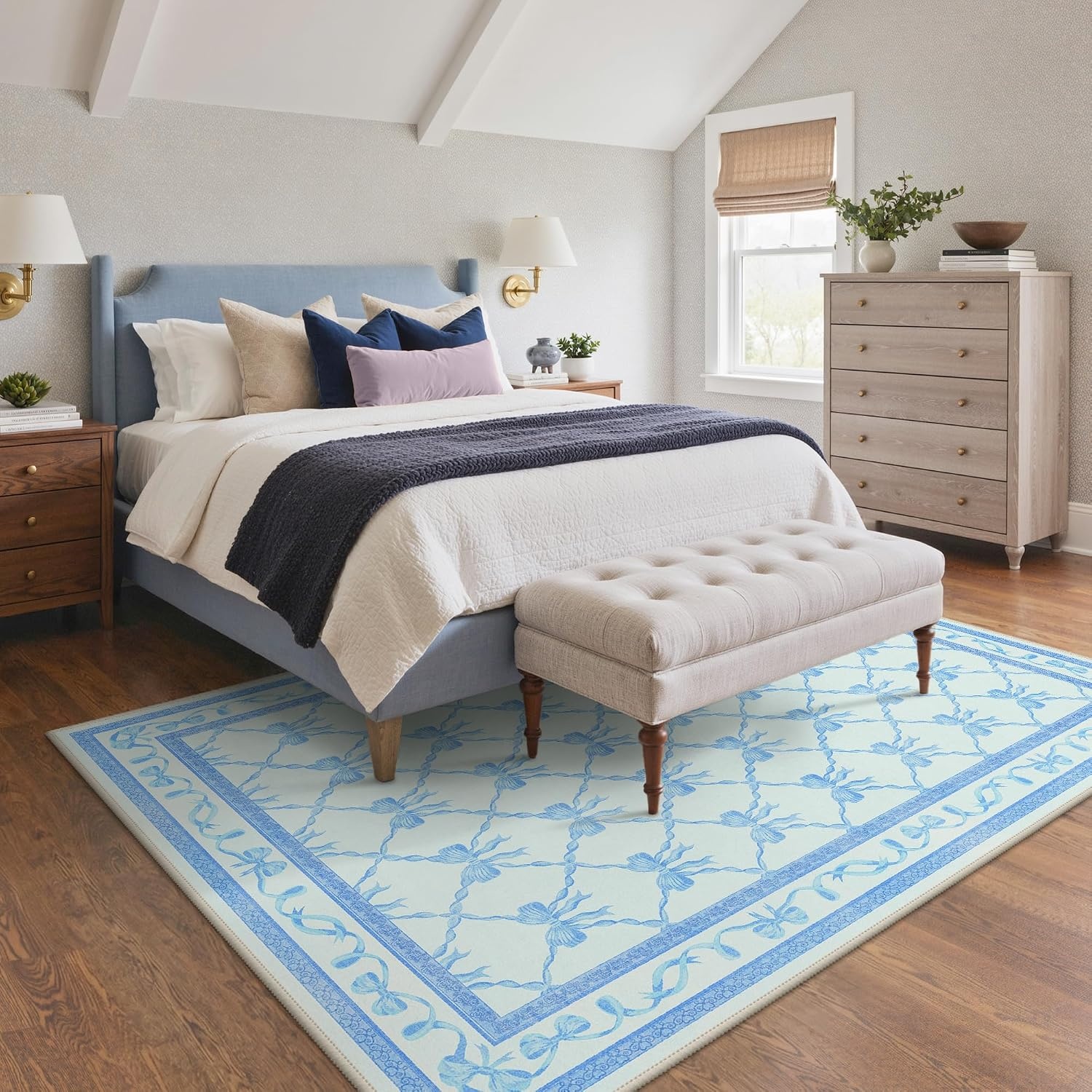 image:imageGENIMO Area Rugs 6X9 for Living Room Bedroom Machine Washable Non Slip Flower Bow Rug Low Pile Soft Cute Floral Rug for Dining Room Girls Room Nursery Room and Playroom Pink BowSky Blue Bow
