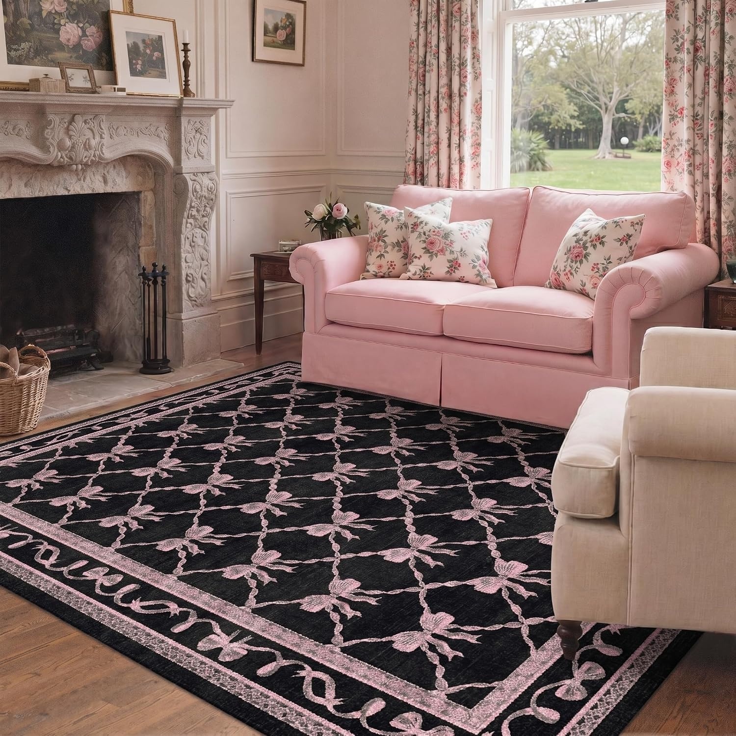 image:imageGENIMO Area Rugs 6X9 for Living Room Bedroom Machine Washable Non Slip Flower Bow Rug Low Pile Soft Cute Floral Rug for Dining Room Girls Room Nursery Room and Playroom Pink BowBlack Pink Bow