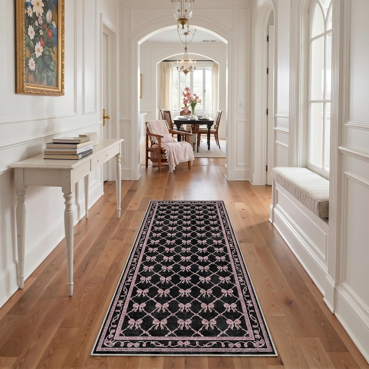 image:imageGENIMO Area Rugs 6X9 for Living Room Bedroom Machine Washable Non Slip Flower Bow Rug Low Pile Soft Cute Floral Rug for Dining Room Girls Room Nursery Room and Playroom Pink BowBlack Pink Bow
